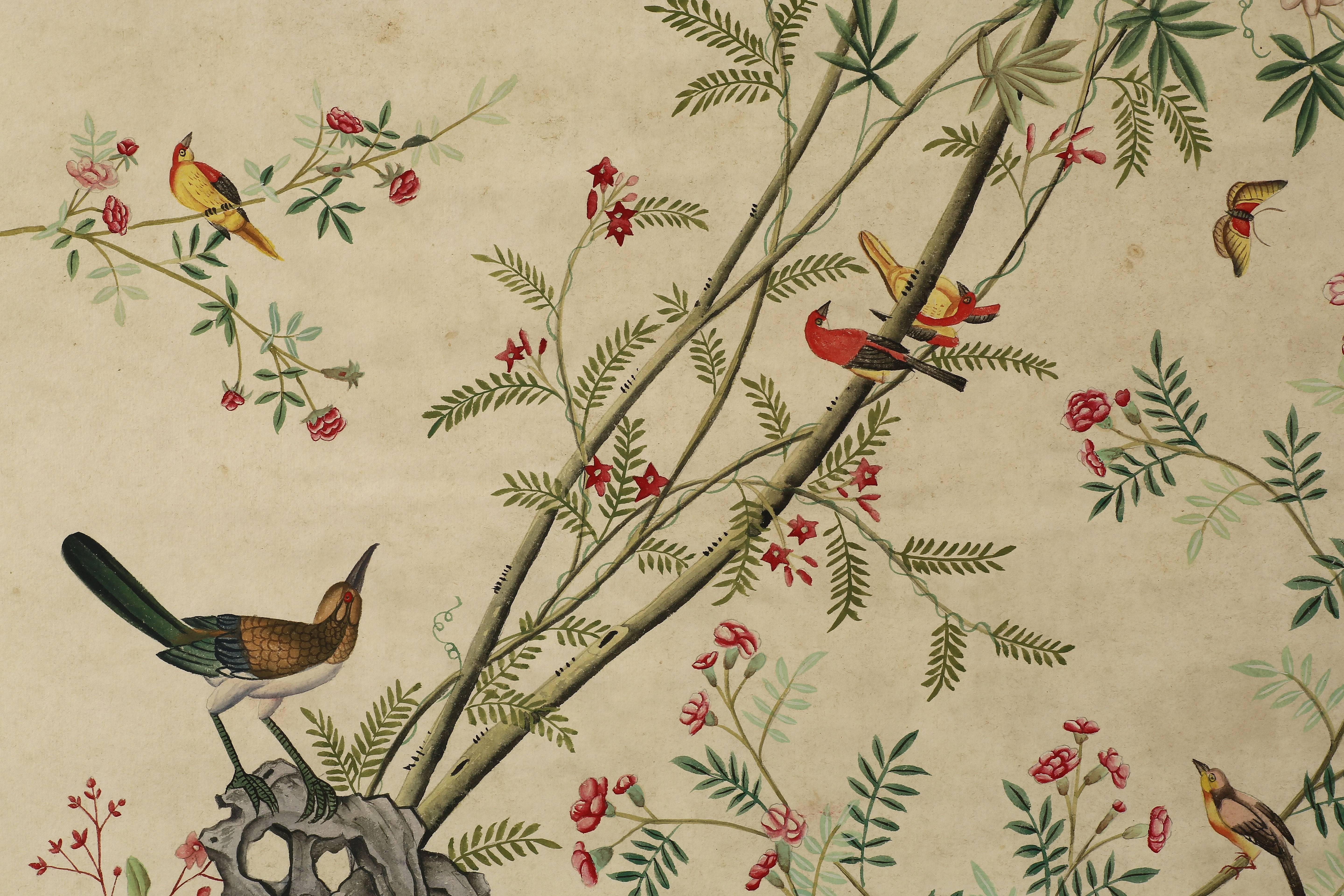 Contemporary Pair of Chinoiserie Hand-Painted Wall Paper Panels, Watercolor on Rice Paper