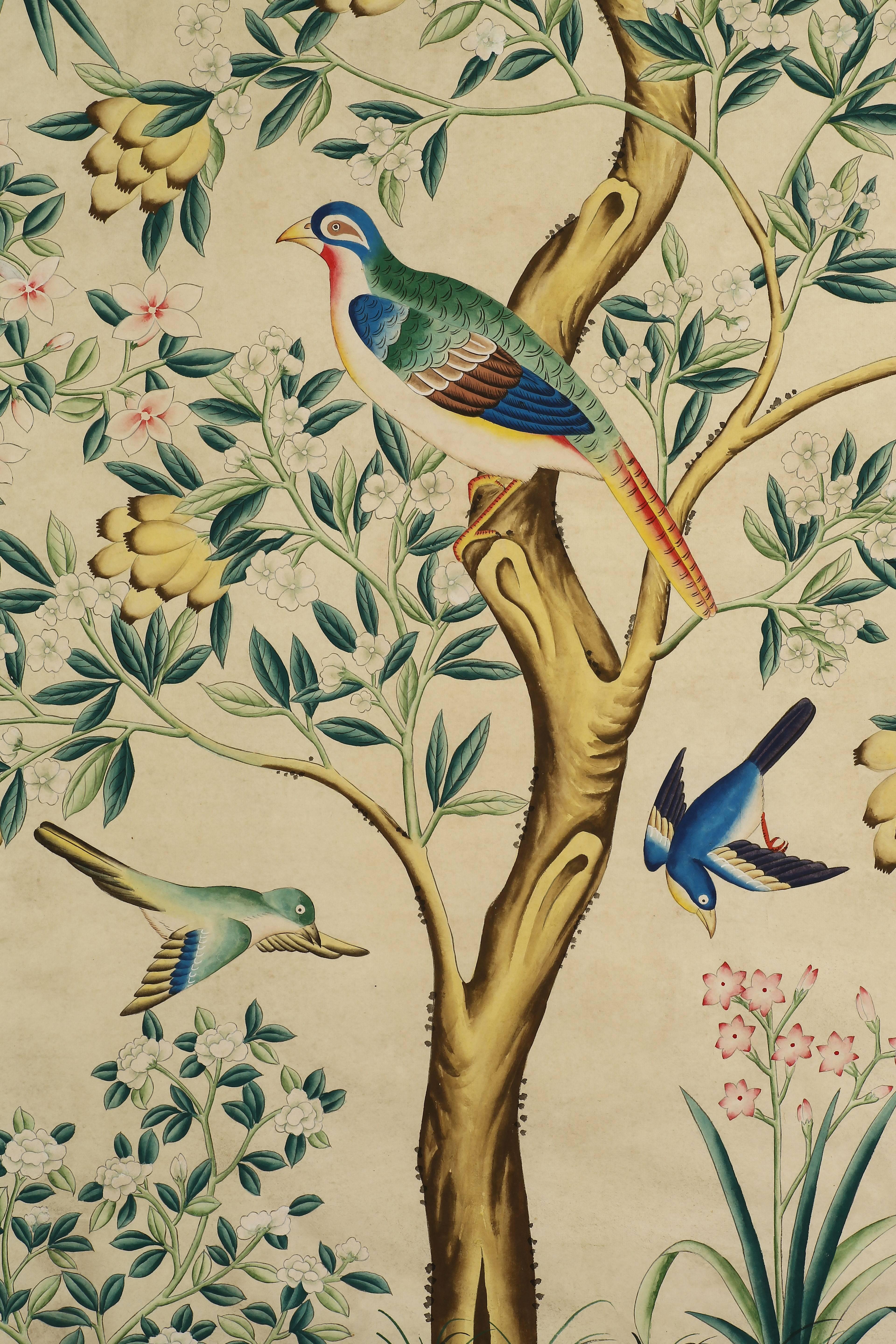 Chinese Pair of Chinoiserie Hand-Painted Wall Paper Panels, Watercolour on Rice Paper