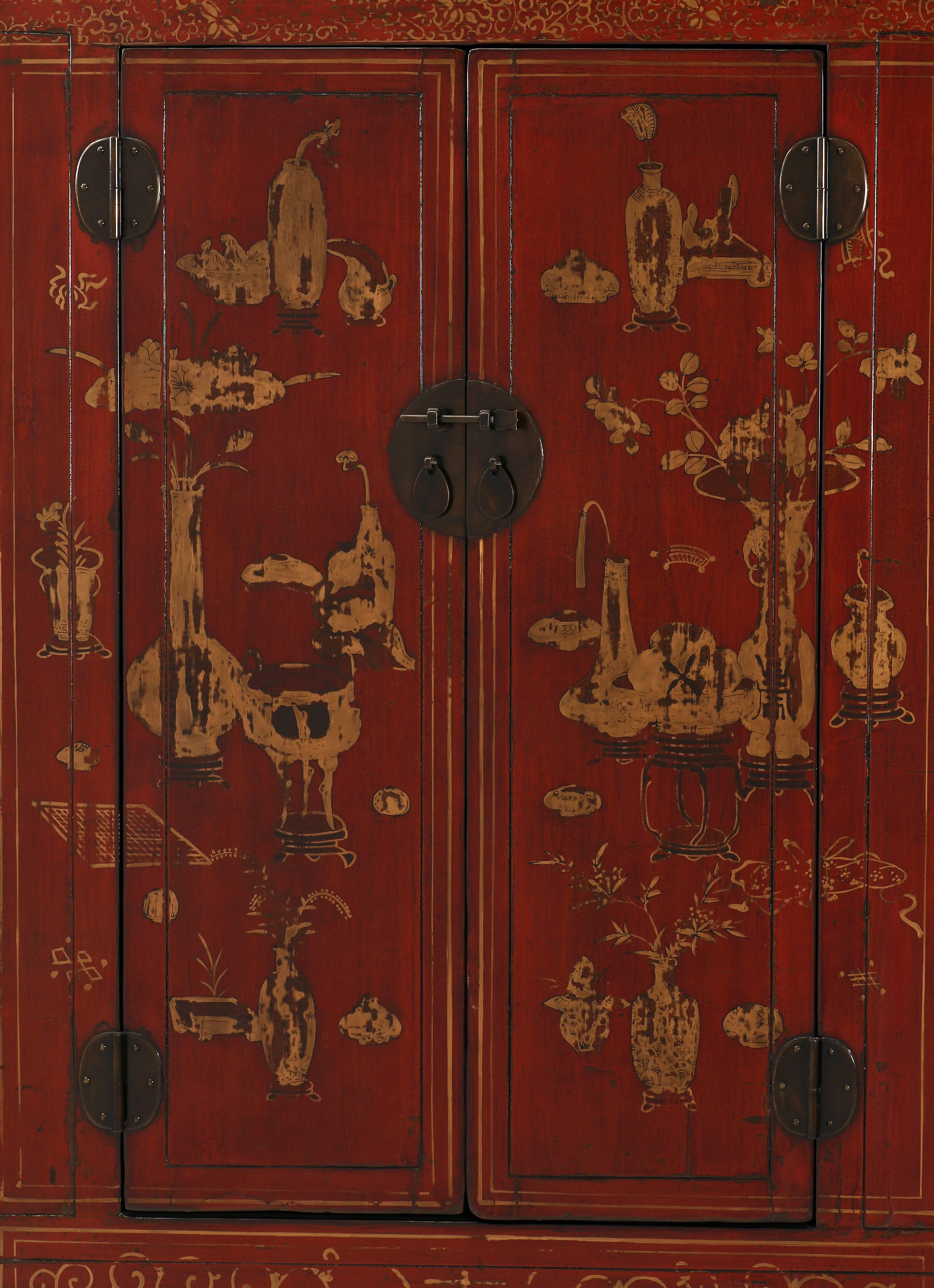 Hand-Crafted Antique Red Lacquer Gilt Painted Chinese Compound Cabinet, Scholastic Art