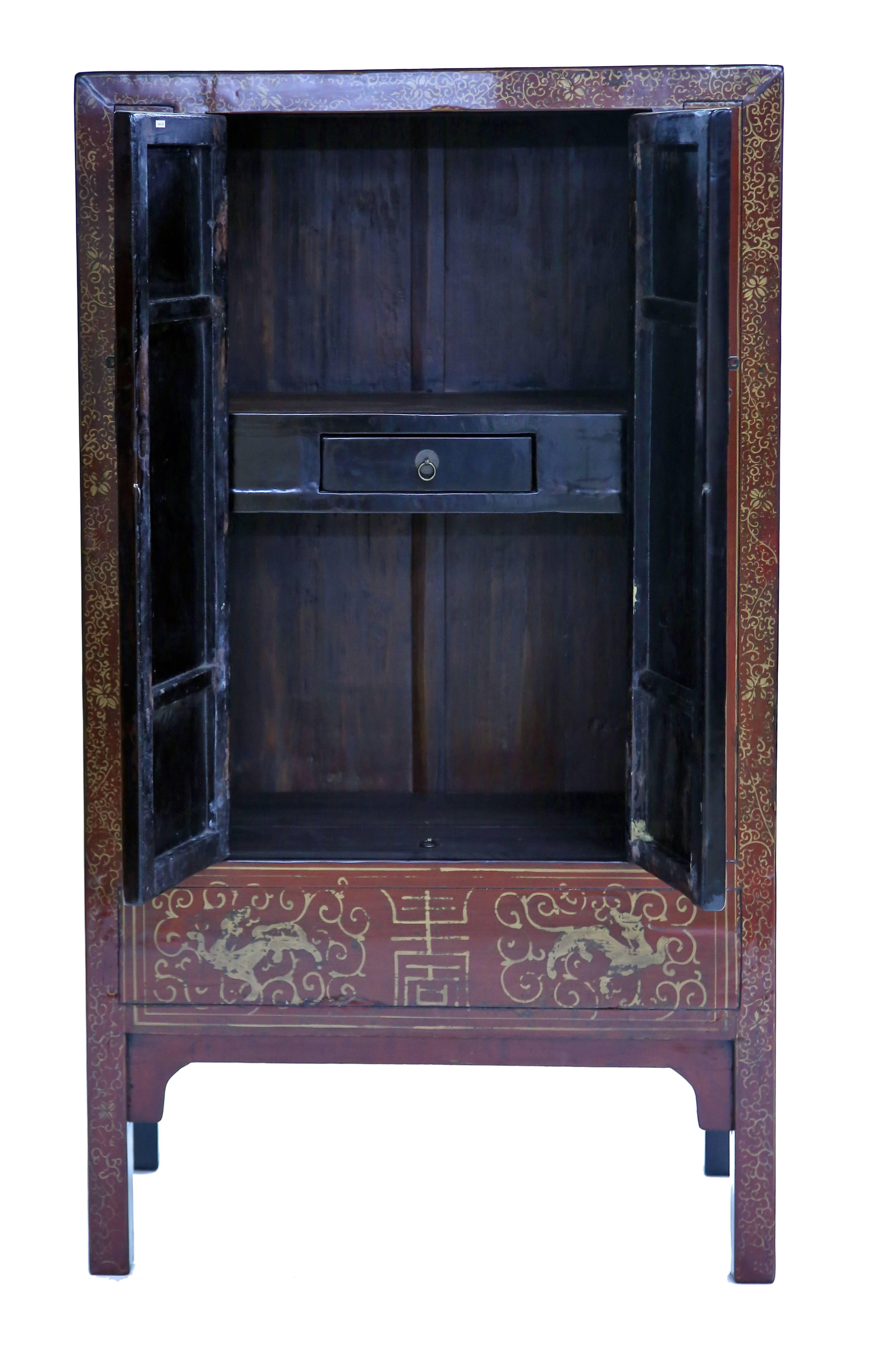 Softwood Antique Red Lacquer Gilt Painted Chinese Compound Cabinet, Scholastic Art