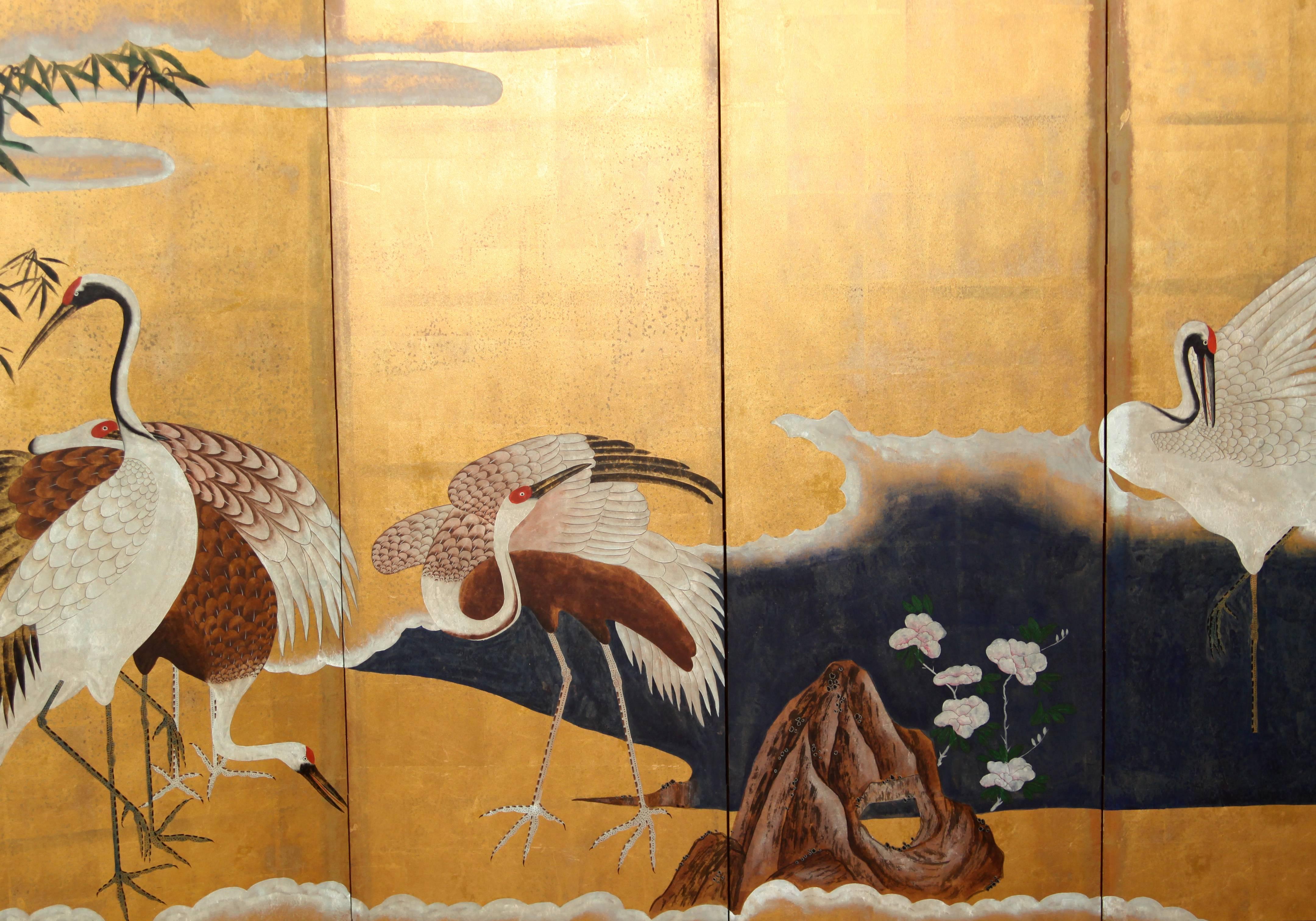 Chinese Hand-Painted Japanese Folding Screen Byobu Cranes Painting, Watercolor, Goldleaf