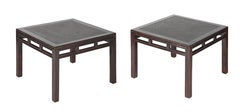 Antique Pair of Meditation Stools / Low Tables, Cane Top, Carved Lipped Molding