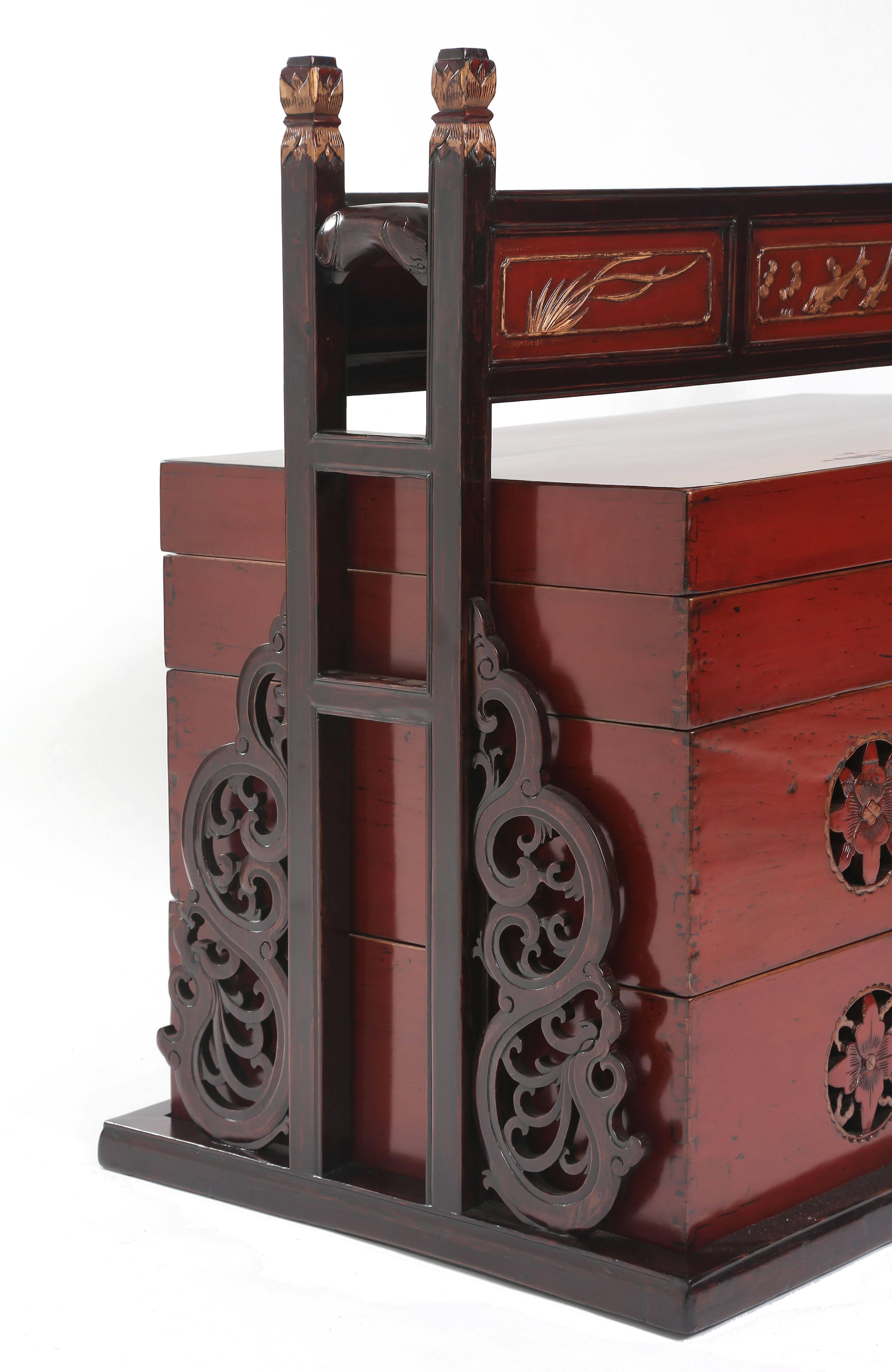 Chinese Antique Red Lacquer Gilt Travelling Tiered Box, Carrying Frame, Chinoiserie