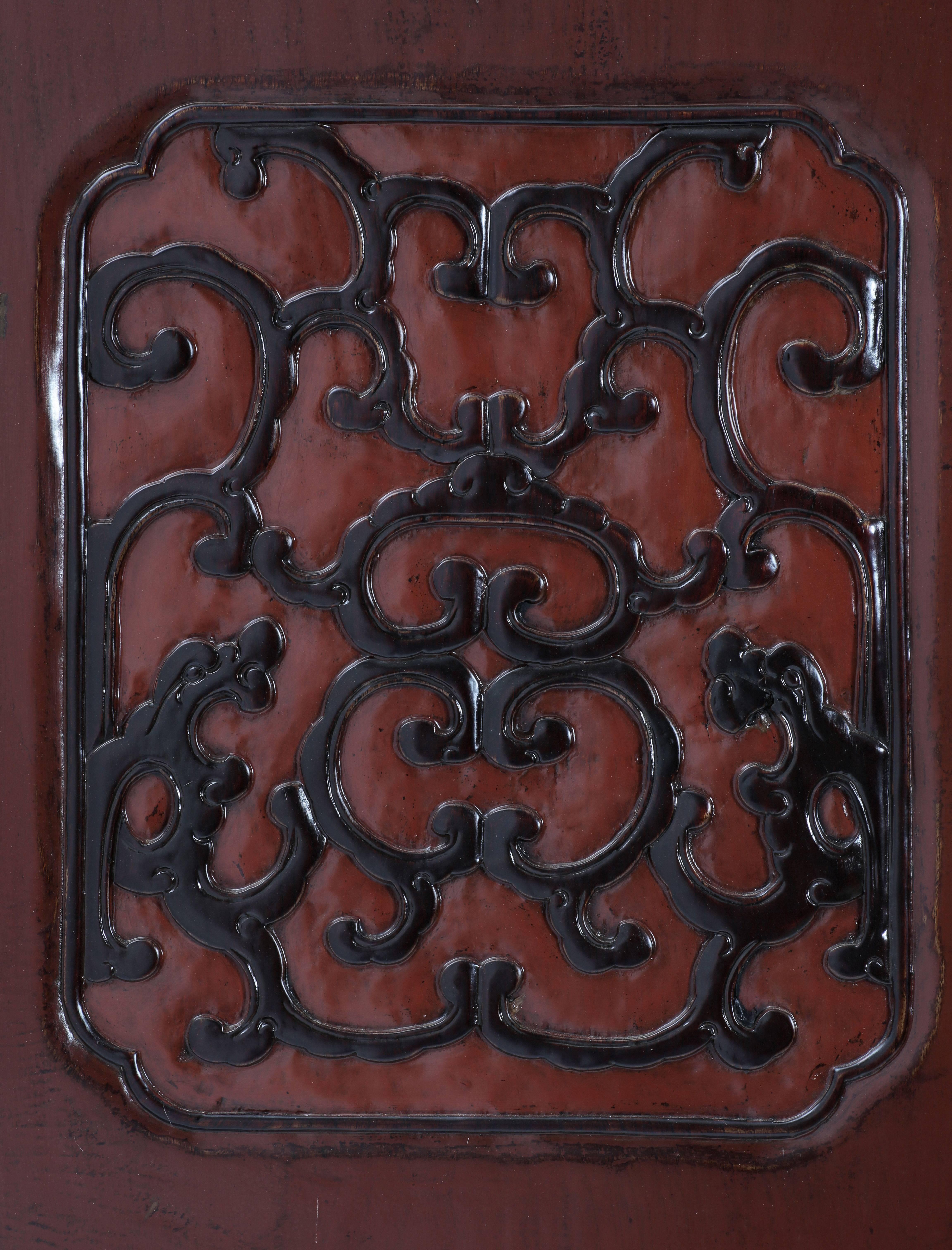 Antique Red Lacquer Tapered Cabinet, Relief-Carved Roundels, Chinoiserie In Excellent Condition In 10 Chater Road, HK