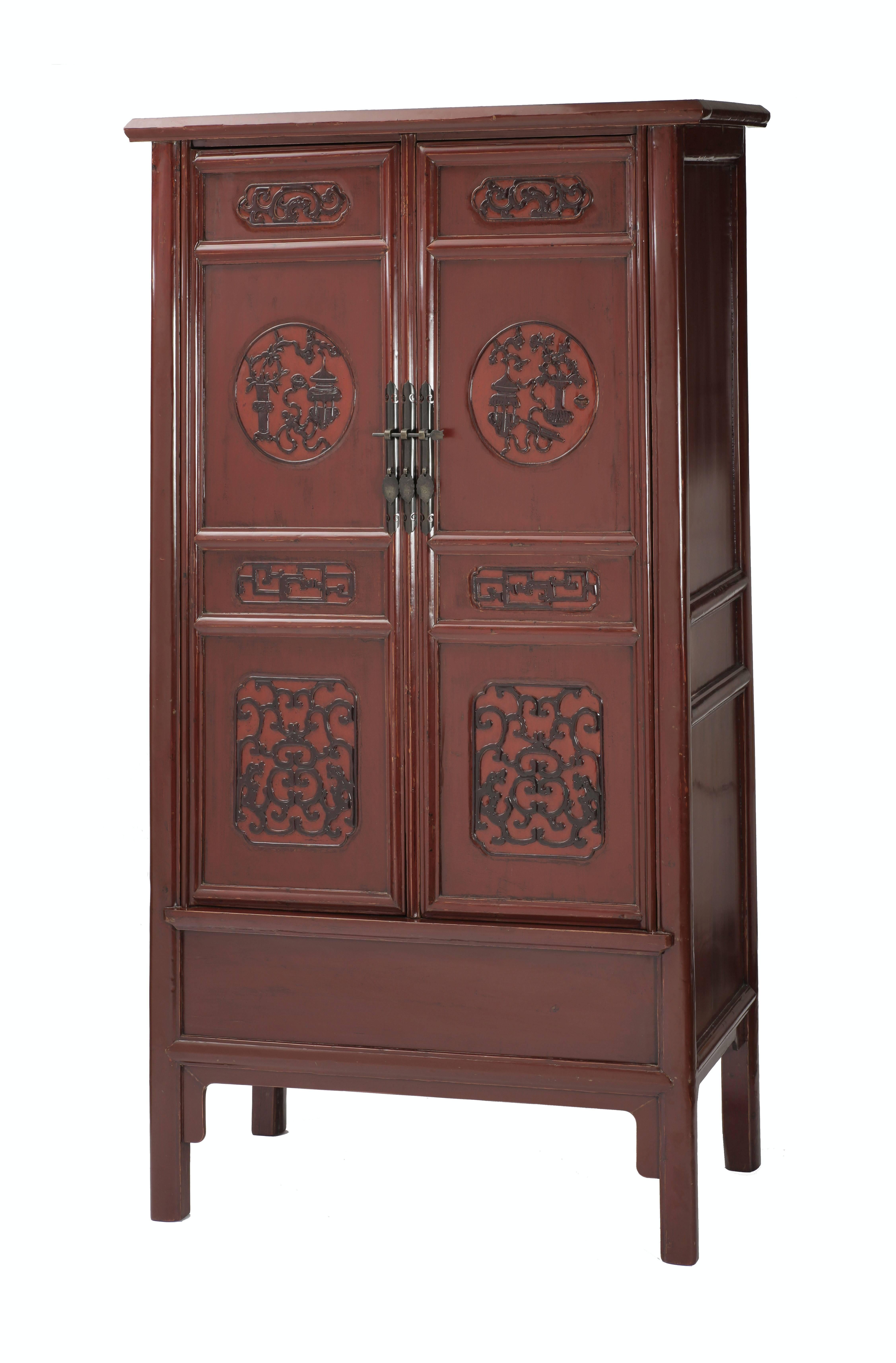 19th Century Antique Red Lacquer Tapered Cabinet, Relief-Carved Roundels, Chinoiserie