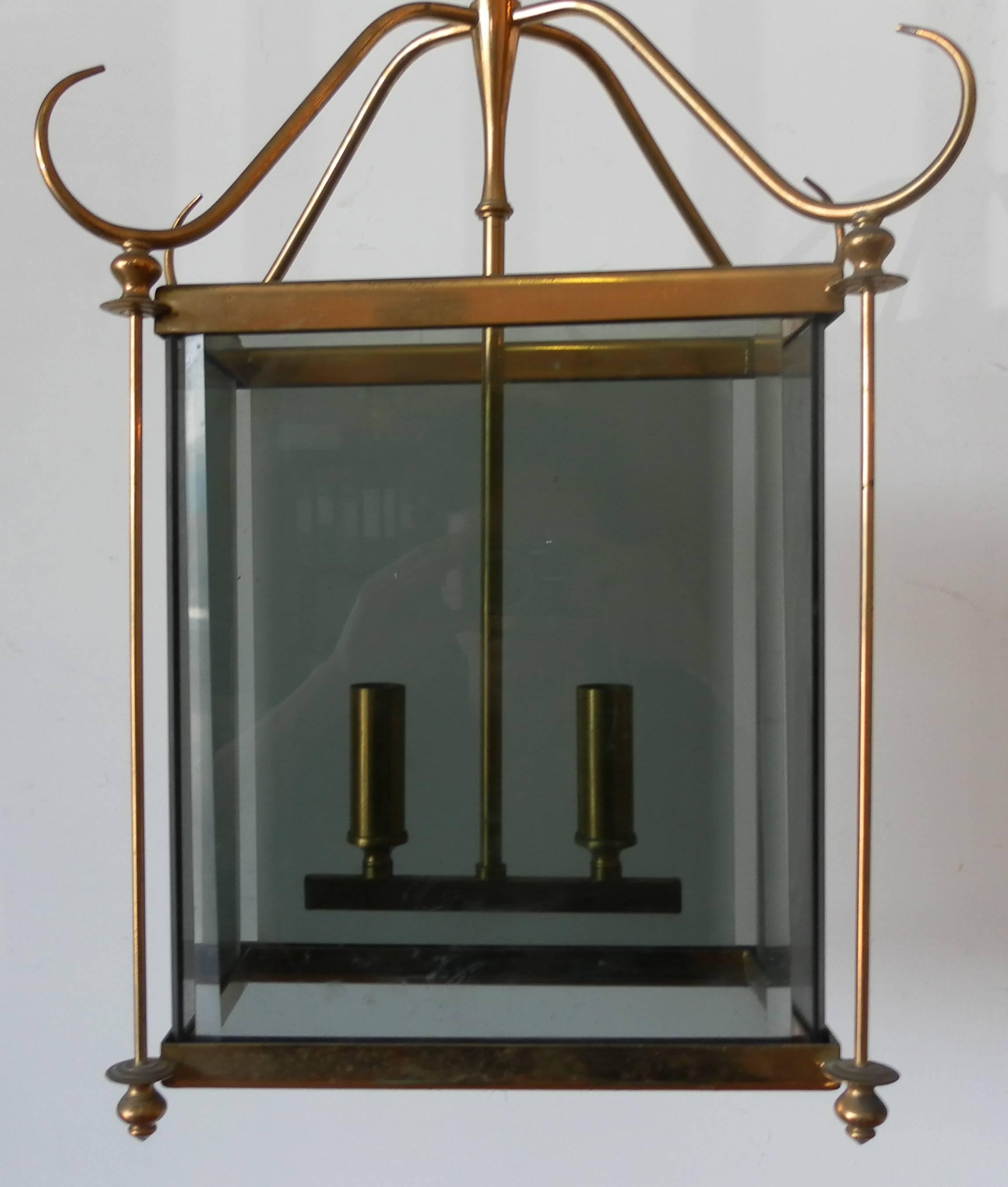 Chinoiserie lantern. In brass and smoked glass. With two lights, Italy, 1960.