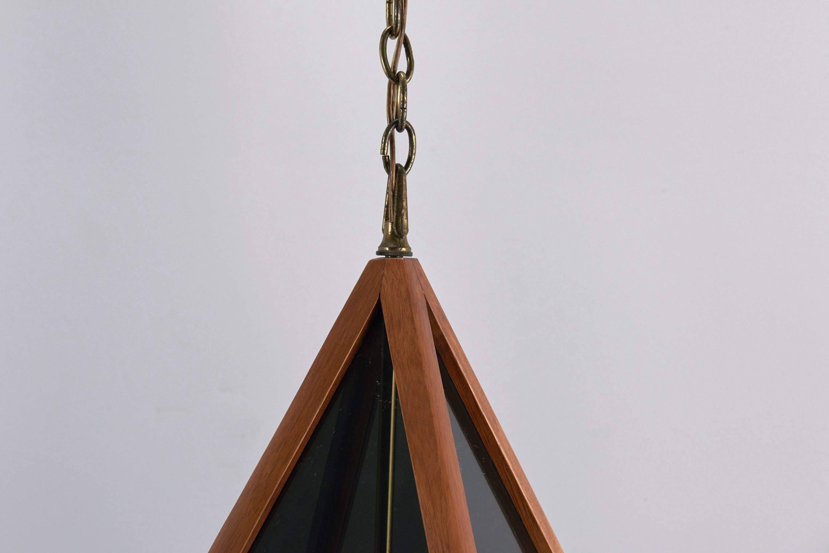 Mid-Century Modern Diamond-Shaped Teak and Smoked Acrylic Danish Modern Pendant Lamp, 1960s