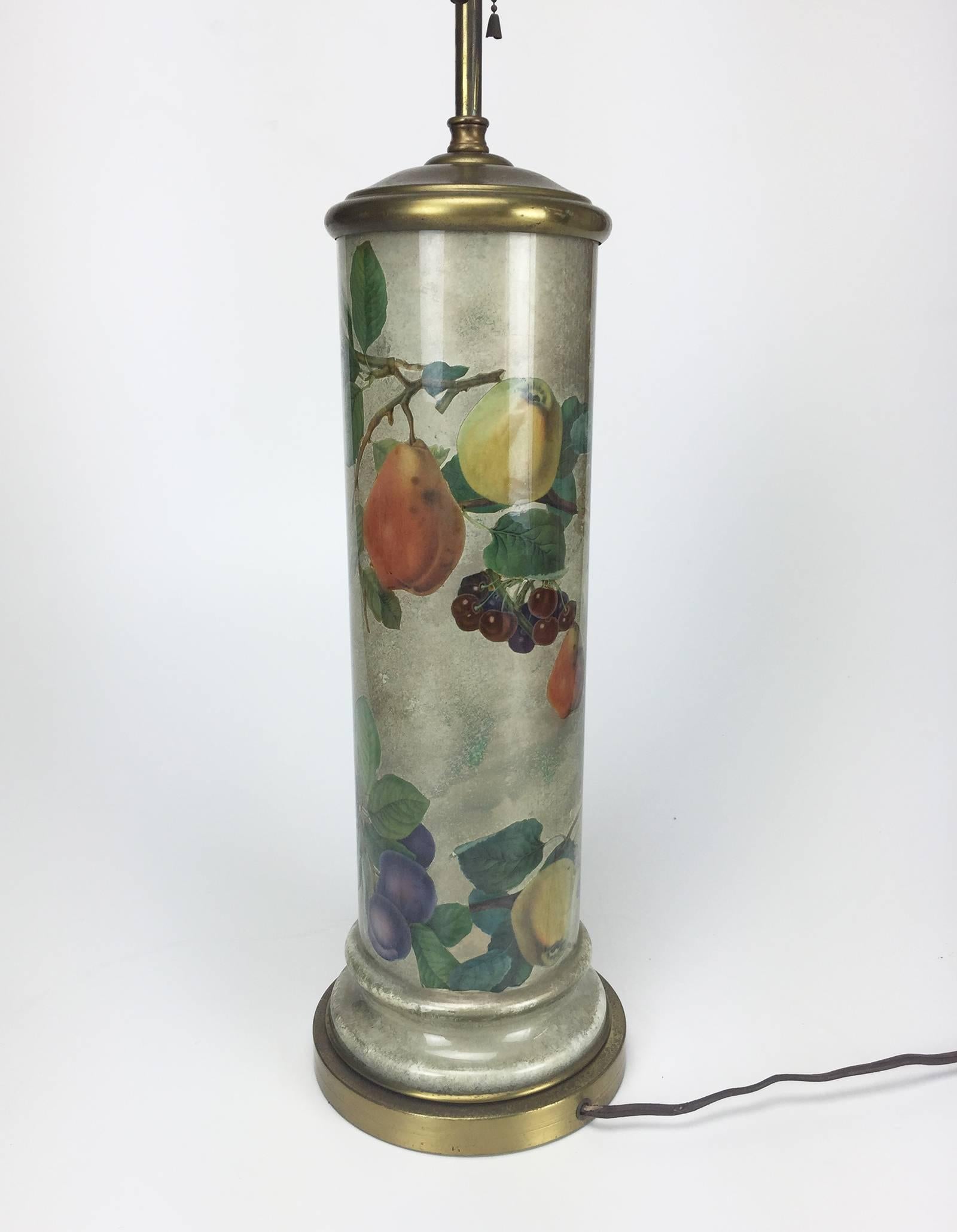 Mid-Century Modern Mid-Century Decoupage Silvered Glass Table Lamp with Fruit Design