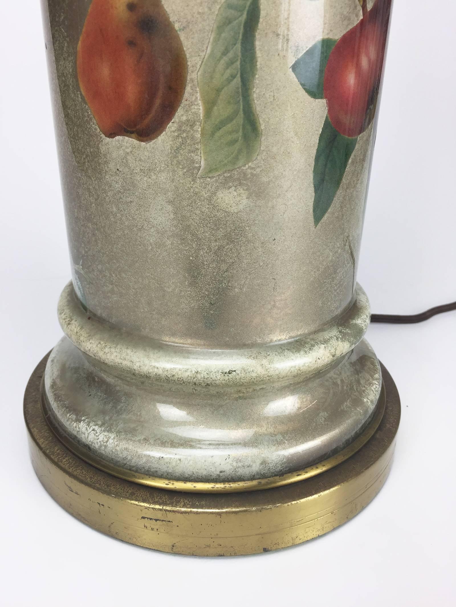 Mid-Century Decoupage Silvered Glass Table Lamp with Fruit Design 1