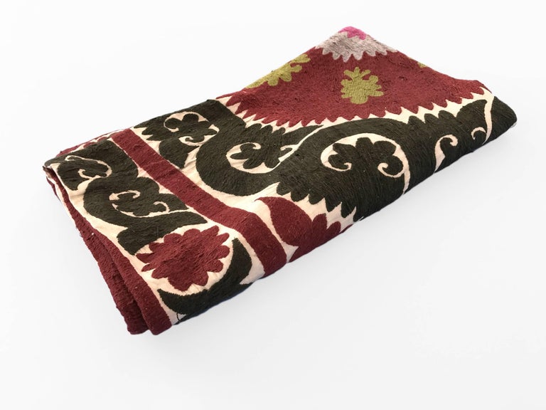 Oversized Vintage Suzani Silk Embroidered Floor or Pet Pillow For Sale at 1stdibs