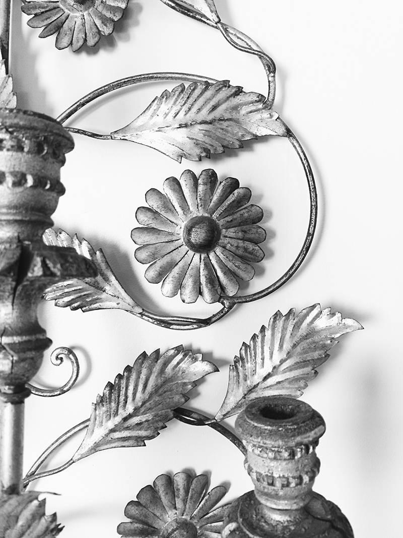 Rococo Revival Monumental Italian Mid-Century Silvered Six-Arm Tole Sconce