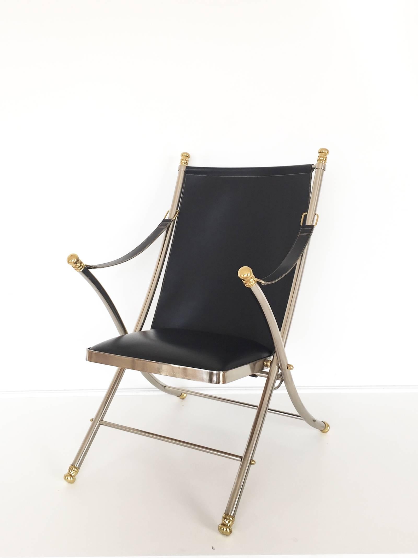 Italian Folding Steel and Brass Campaign Chair by Maison Jansen, Italy, 1970s