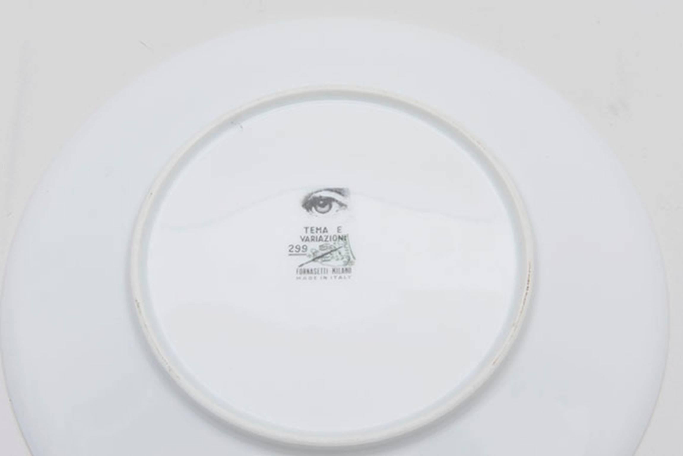 Early Themes and variations plate designed by Piero Fornasetti. Fine white porcelain with black and white lithographic illustration. Underside of plate with 