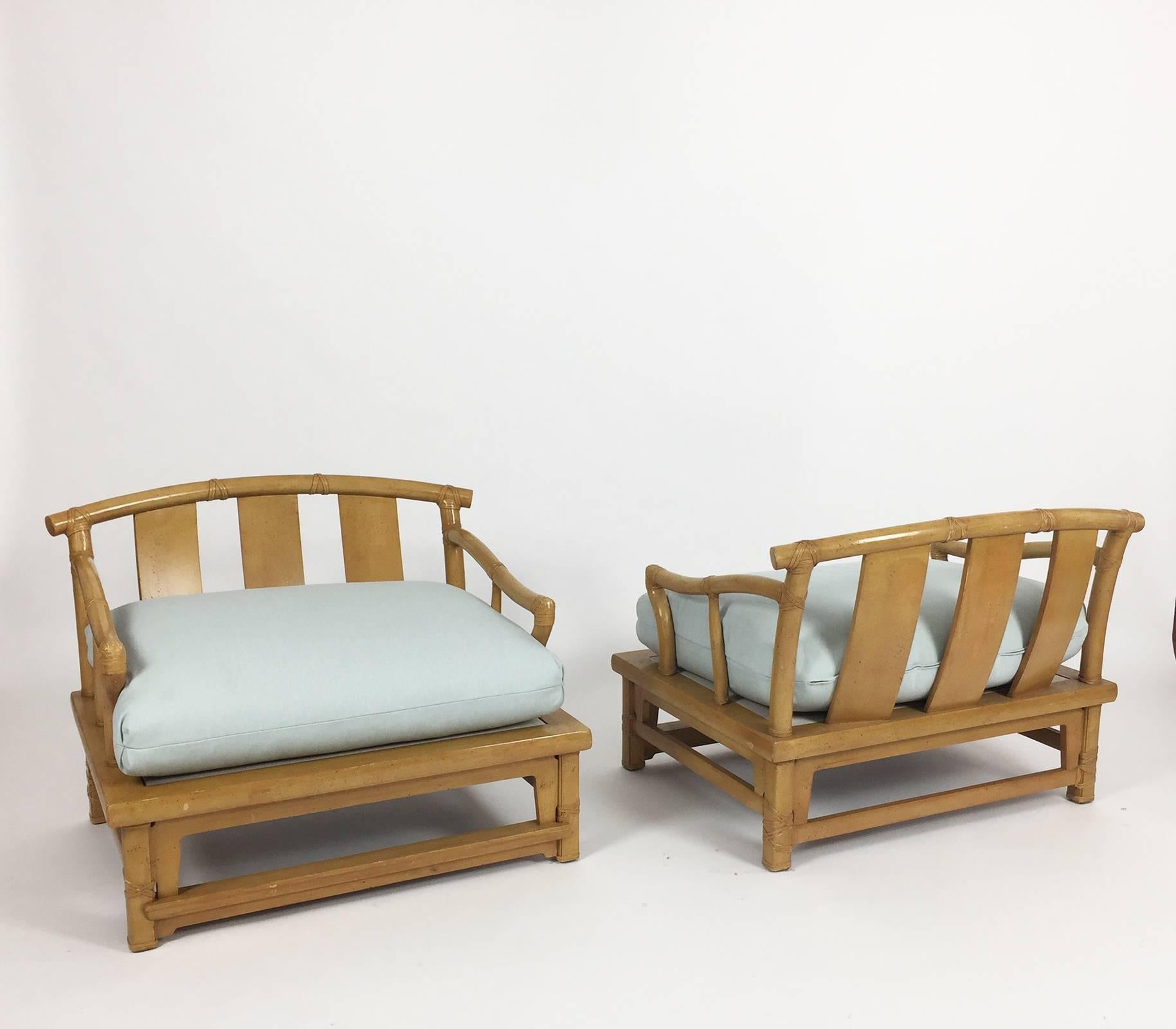 Chinoiserie Pair of Yoke Back 'Bamboo' Lounge Chairs and Ottoman by Henredon, 1990s