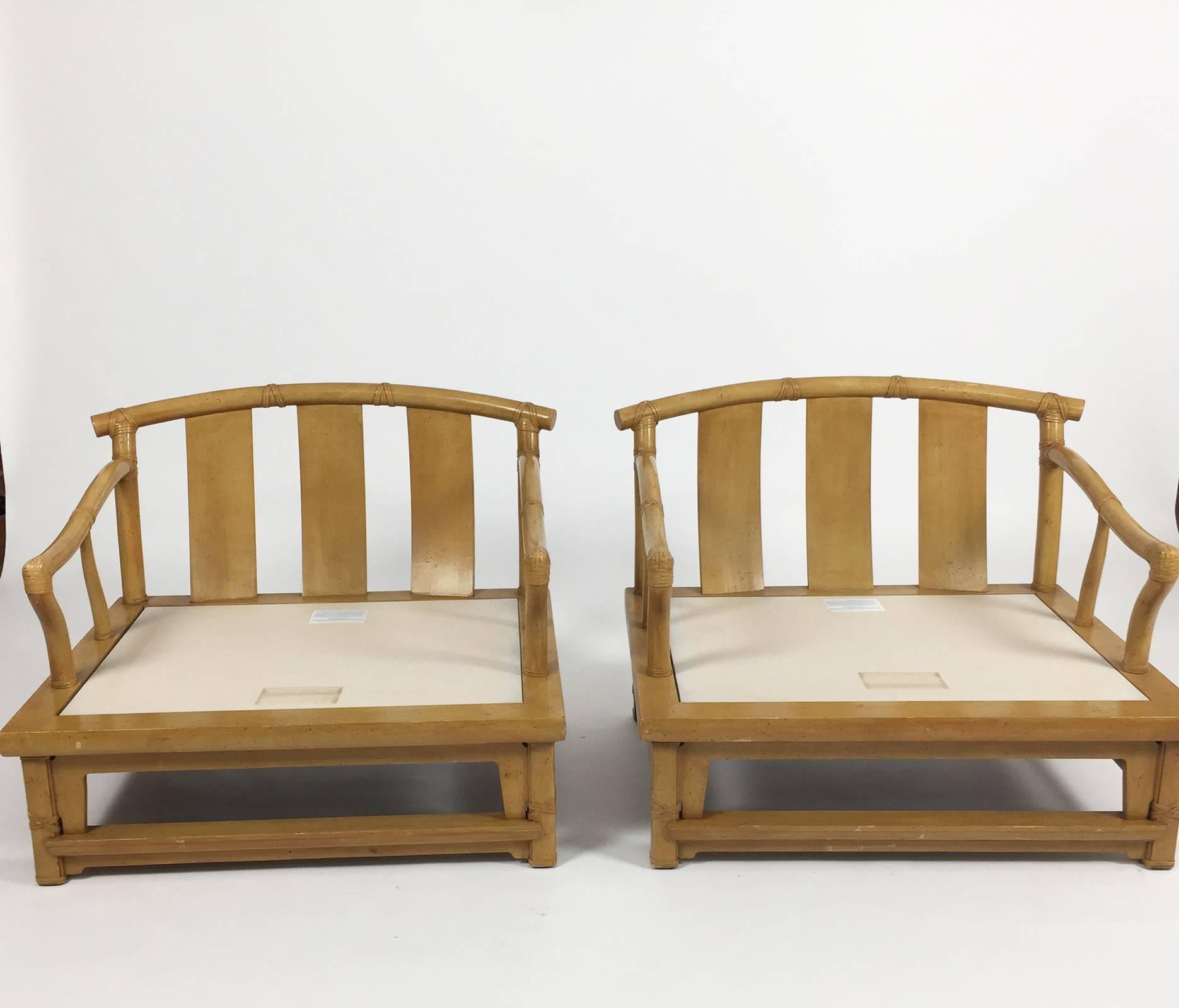 Fabric Pair of Yoke Back 'Bamboo' Lounge Chairs and Ottoman by Henredon, 1990s