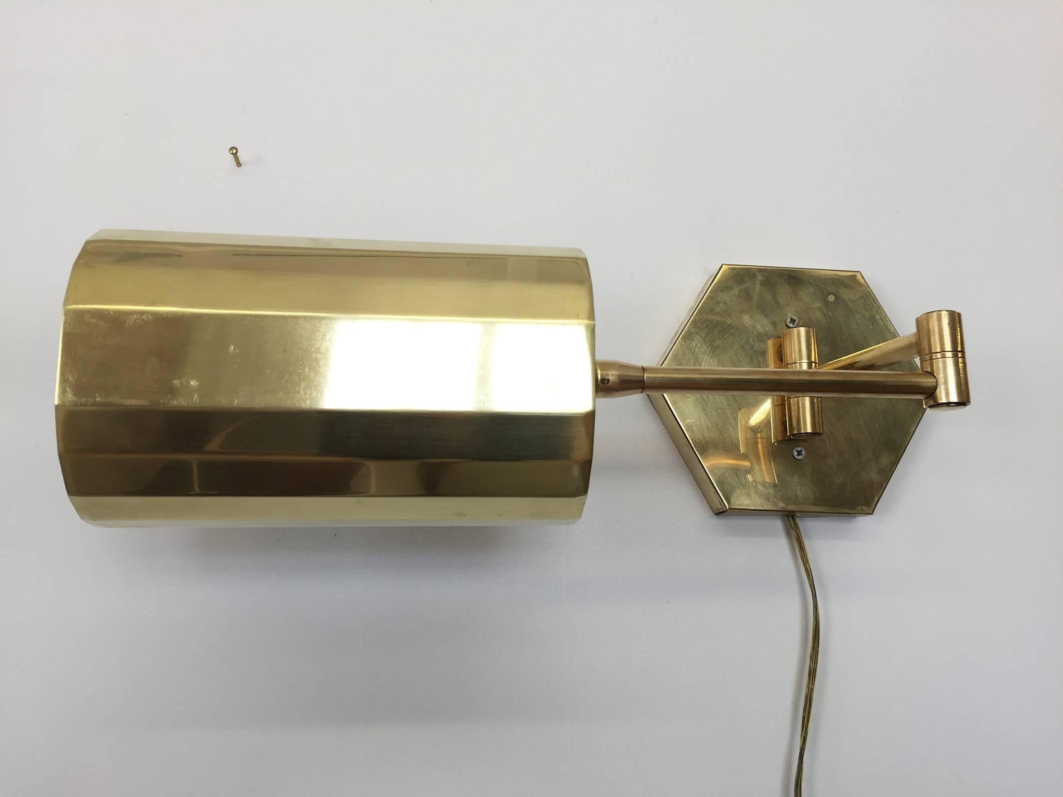 Hollywood Regency Vintage Articulating Brass Swing Arm Wall Lamp with Faceted Shade, 1970s