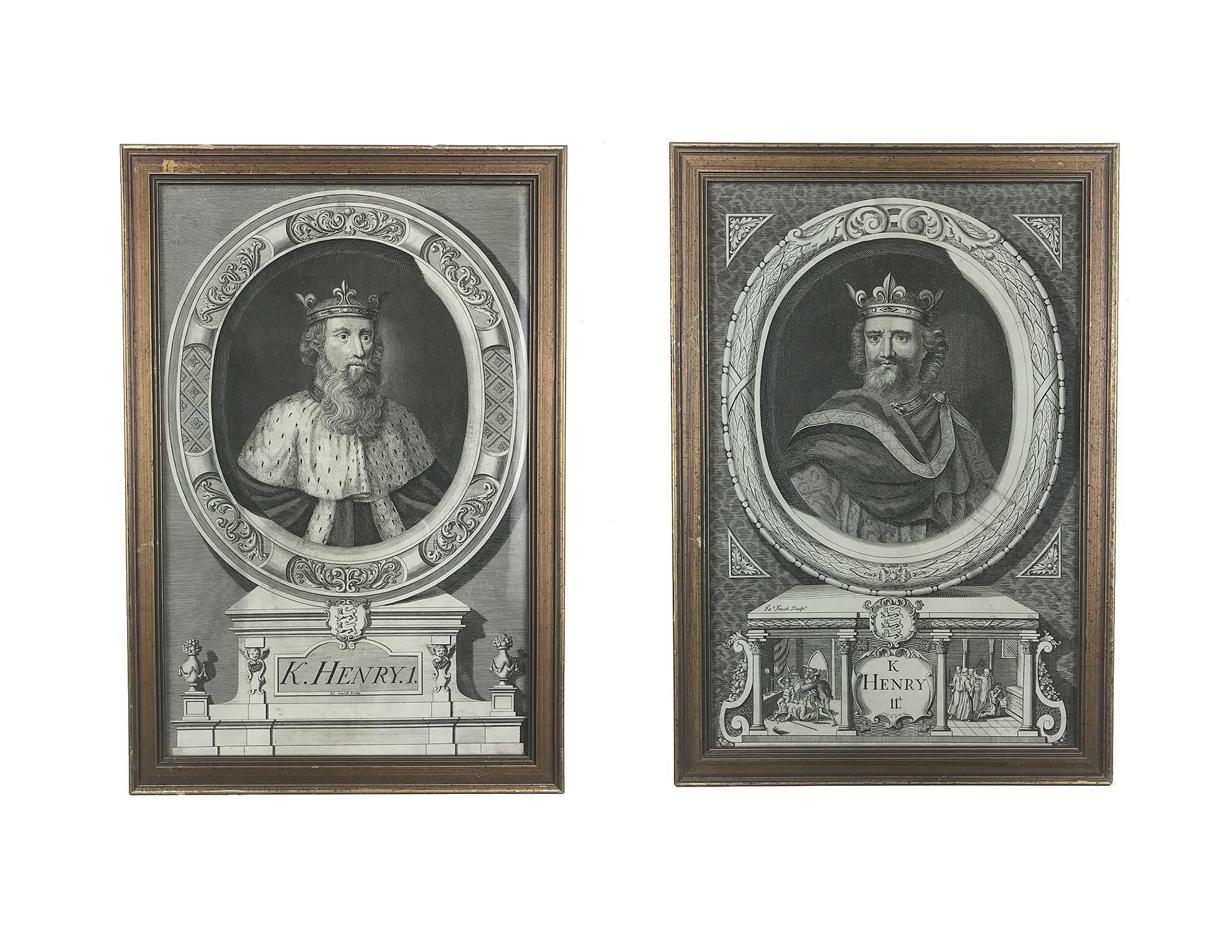 Large set of eleven (11) copperplate engravings depicting The Heads of Illustrious Persons of Great Britain. Engraved by Jacobus Houbracken and George Vertue and printed in London by John and Paul Knapton. 

Prints dry mounted to board. Frames
