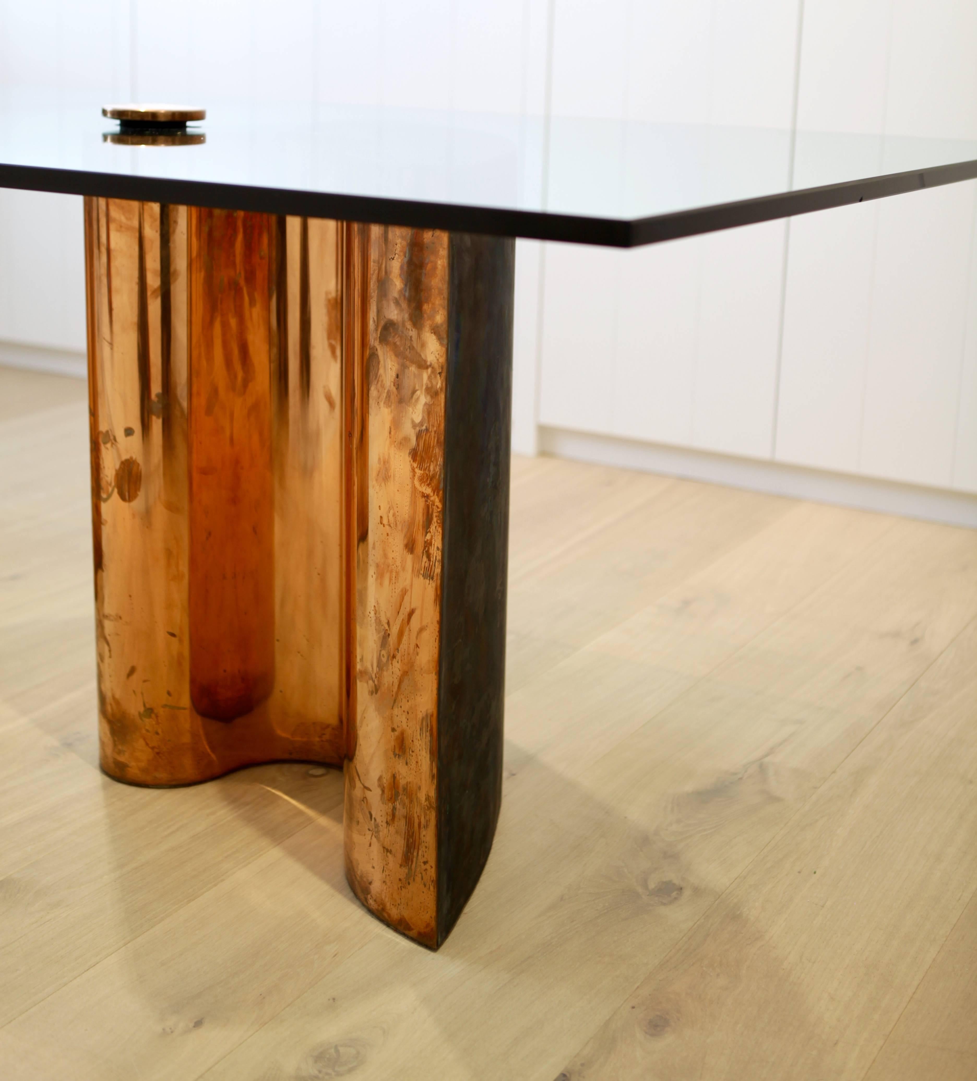 Modern Unique Table, Brass Copper-Plated, Colorless Glass