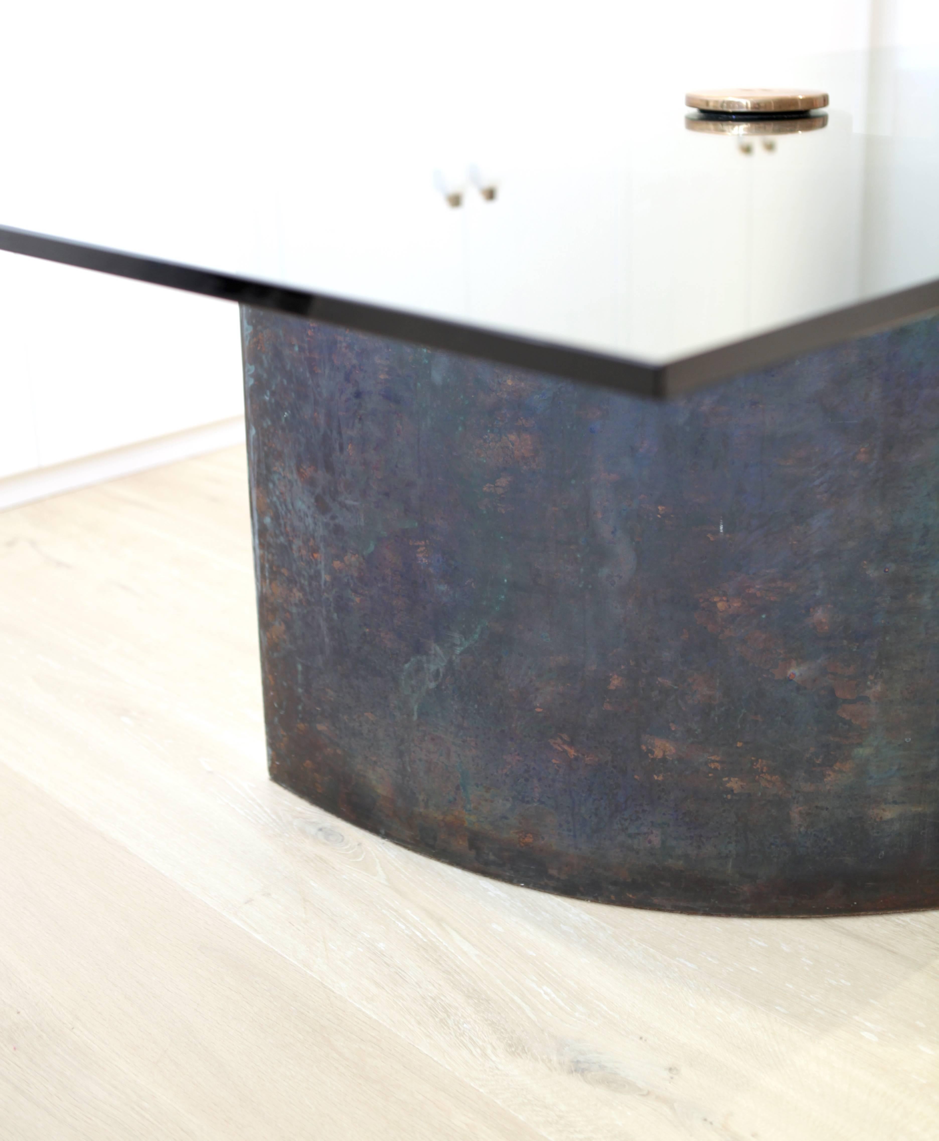 German Unique Table, Brass Copper-Plated, Colorless Glass