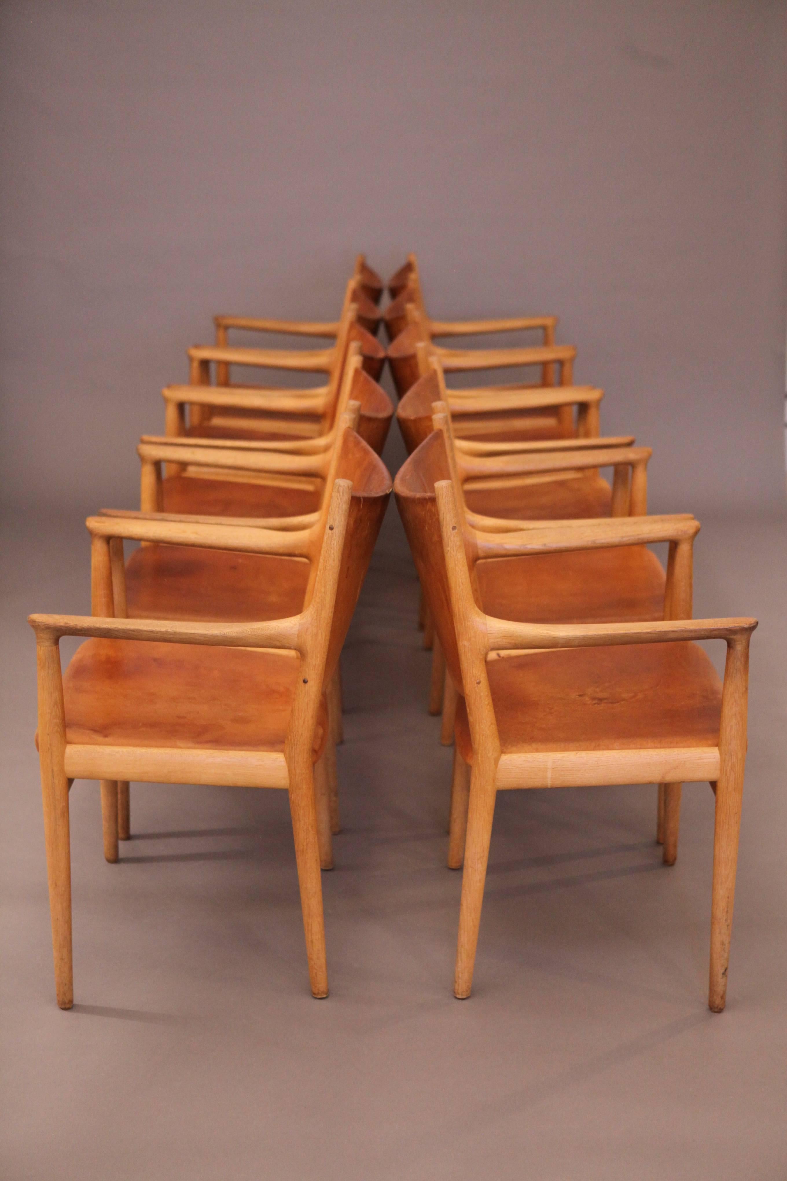 Danish Hans Wegner JH-713 Oak and Natural Leather Armchairs, 1960s