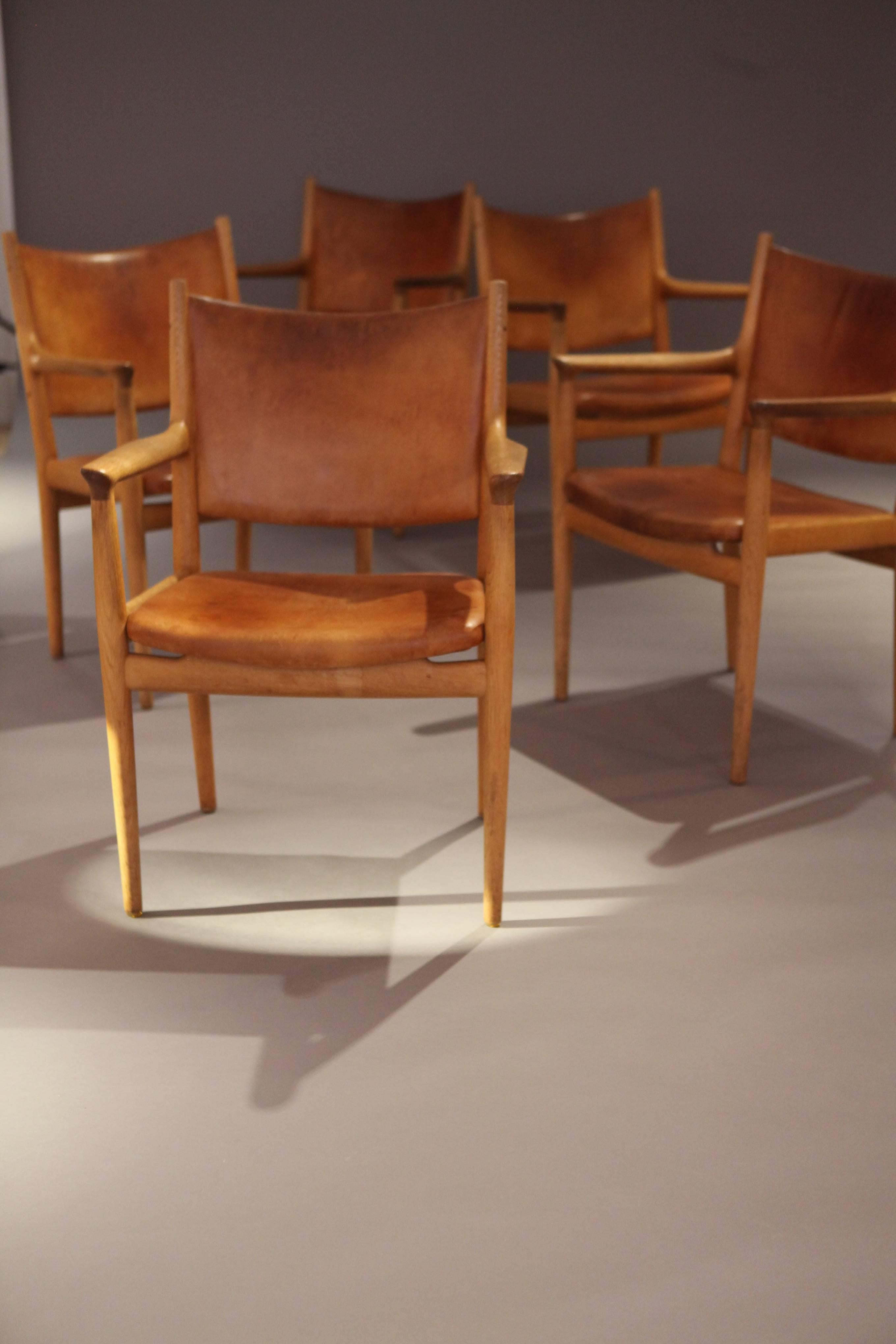 Hans Wegner JH-713 Oak and Natural Leather Armchairs, 1960s 2