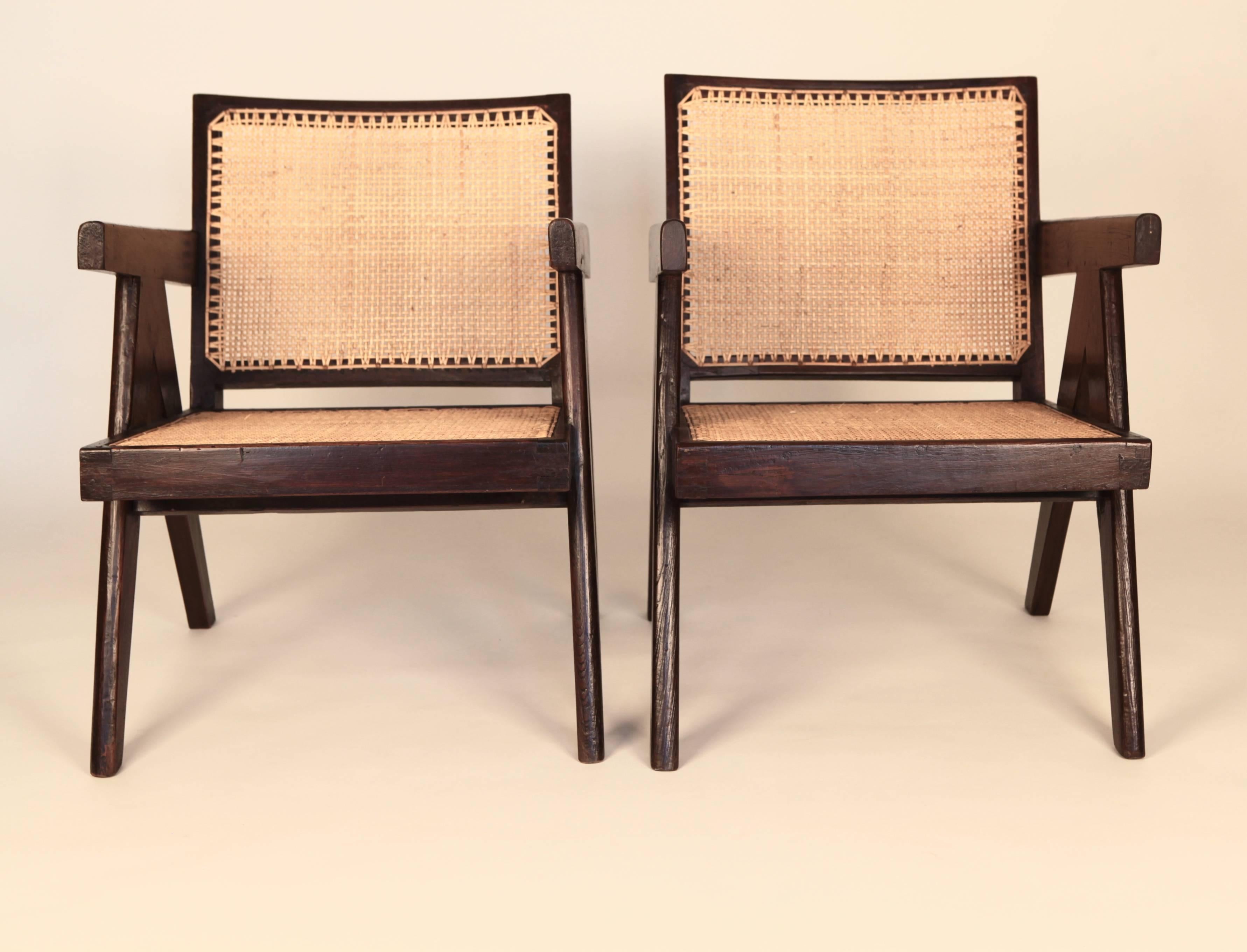 Mid-Century Modern Pierre Jeanneret, Pair of Easy Armchairs, Chandigarh, India, 1955