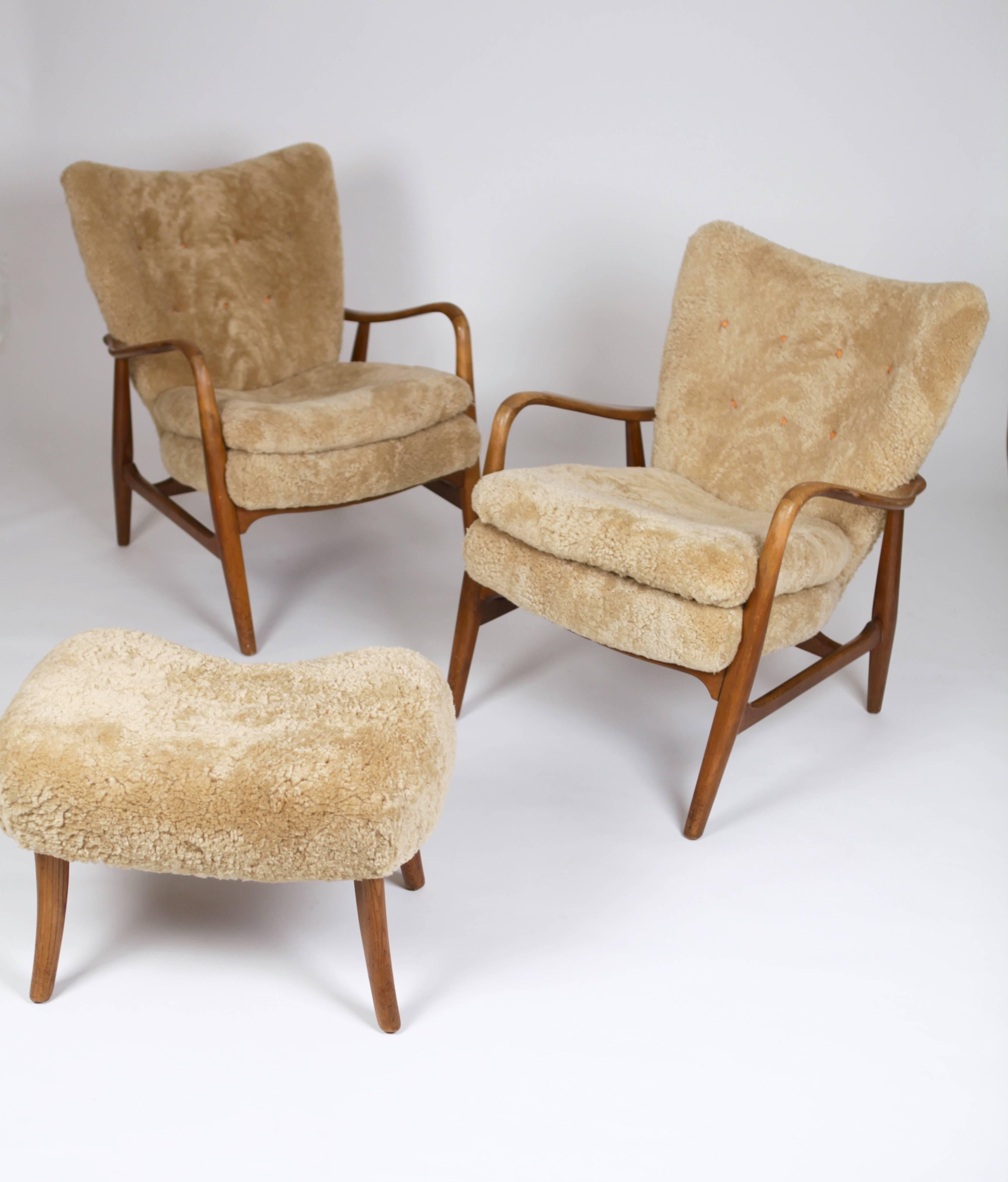 Scandinavian Modern Pair of Rare Easy Chairs with Footstool by Acton Schubell & Ib Madsen