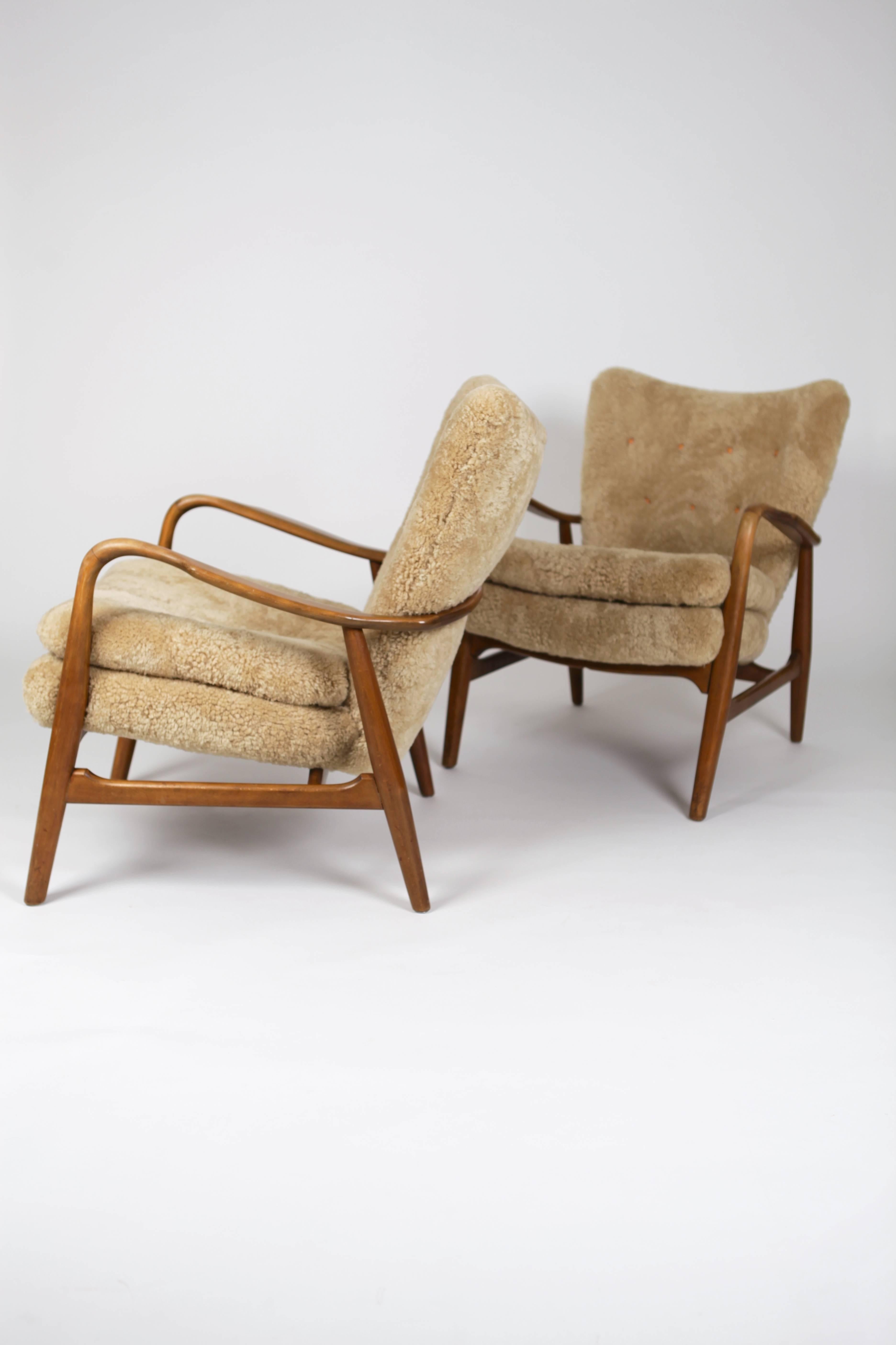 Lambskin Pair of Rare Easy Chairs with Footstool by Acton Schubell & Ib Madsen