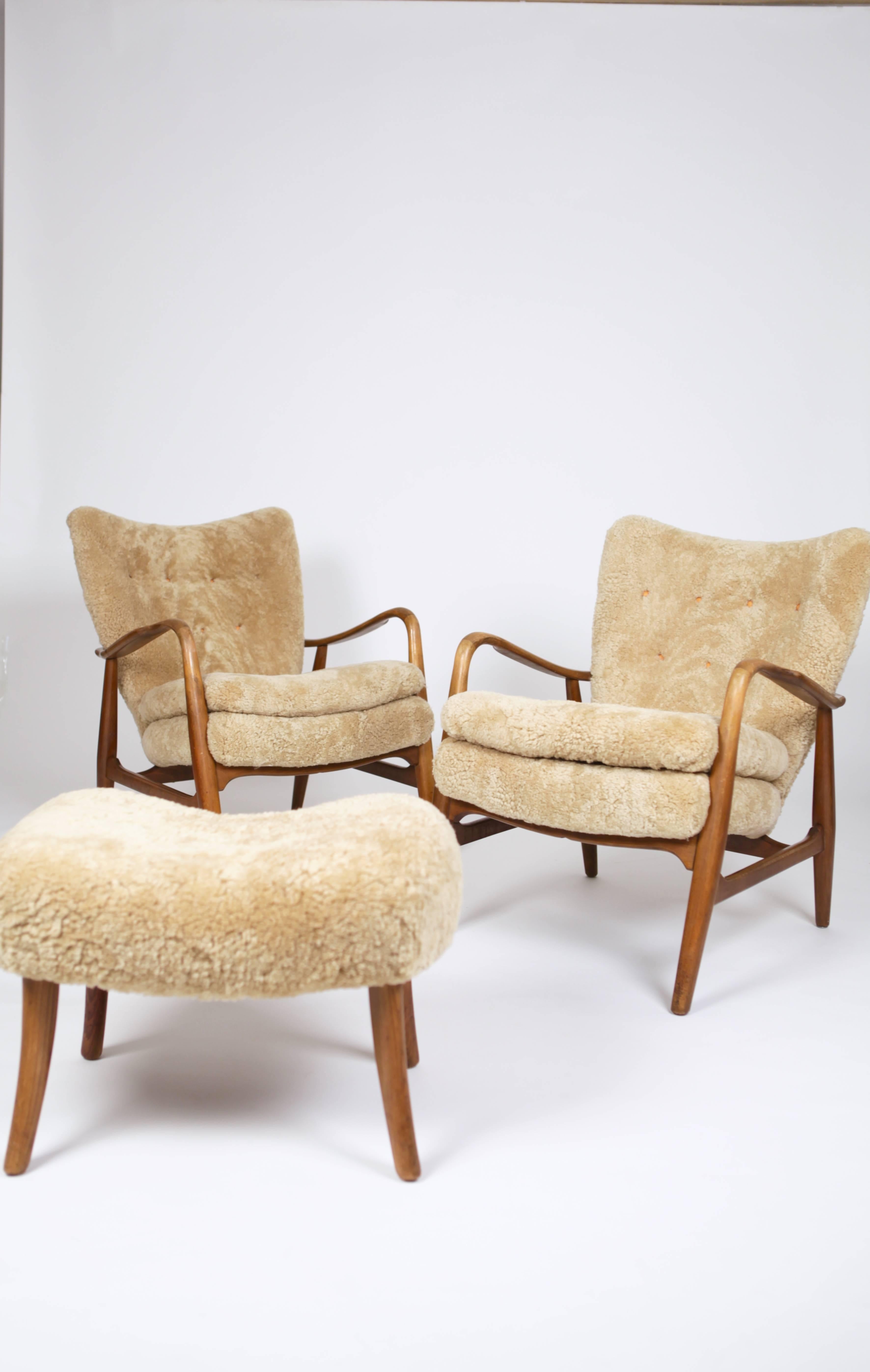 Pair of Rare Easy Chairs with Footstool by Acton Schubell & Ib Madsen 2