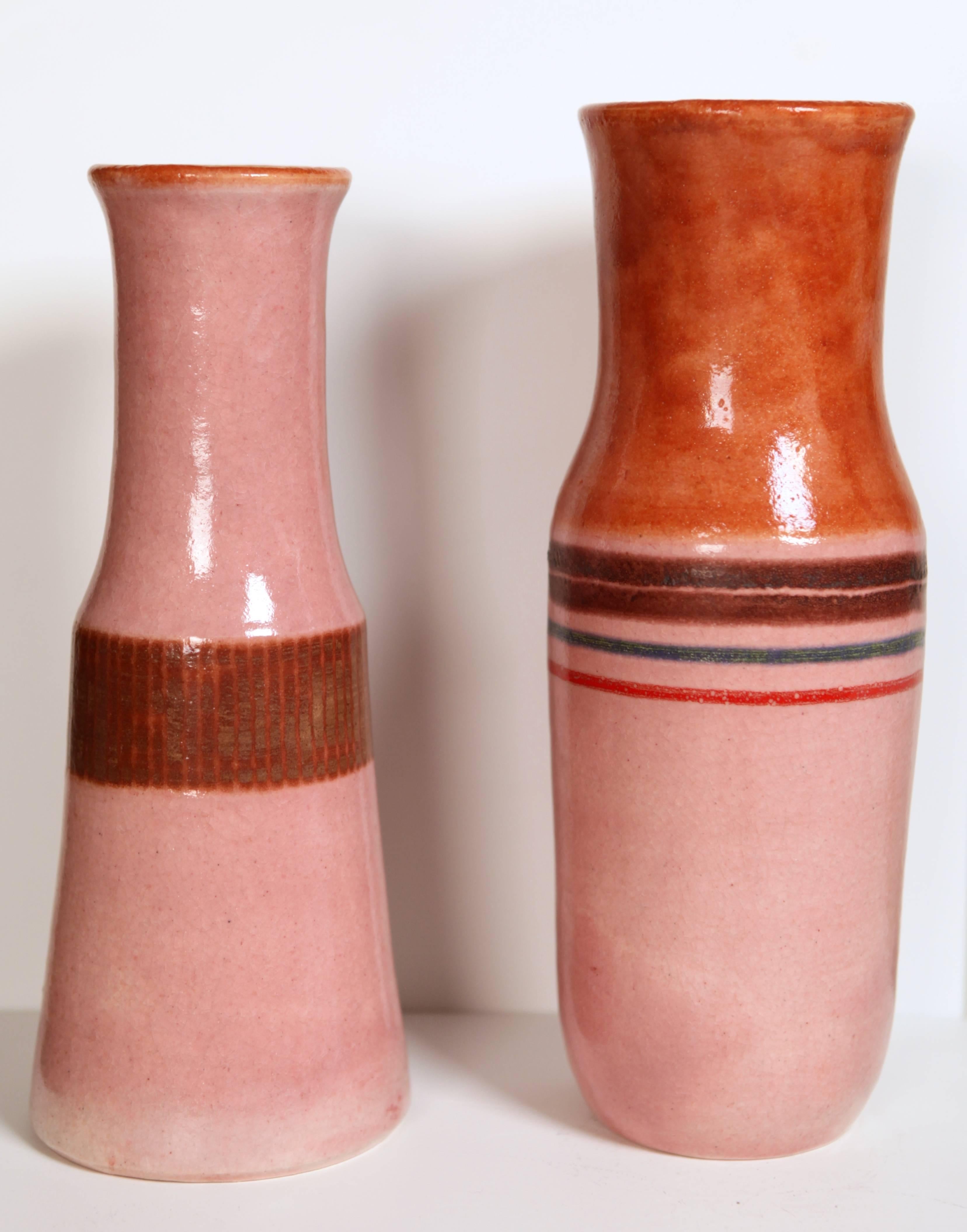 Bruno Gambone (*1936)
Two vases, ceramic glazed
Limited edition
created in 1969 and 1979
Italy
signed: Gambone, Italy, to the underside
Measure: left height 32cm x 12.5 cm diameter
right height 34cm x 12.5 cm diameter.