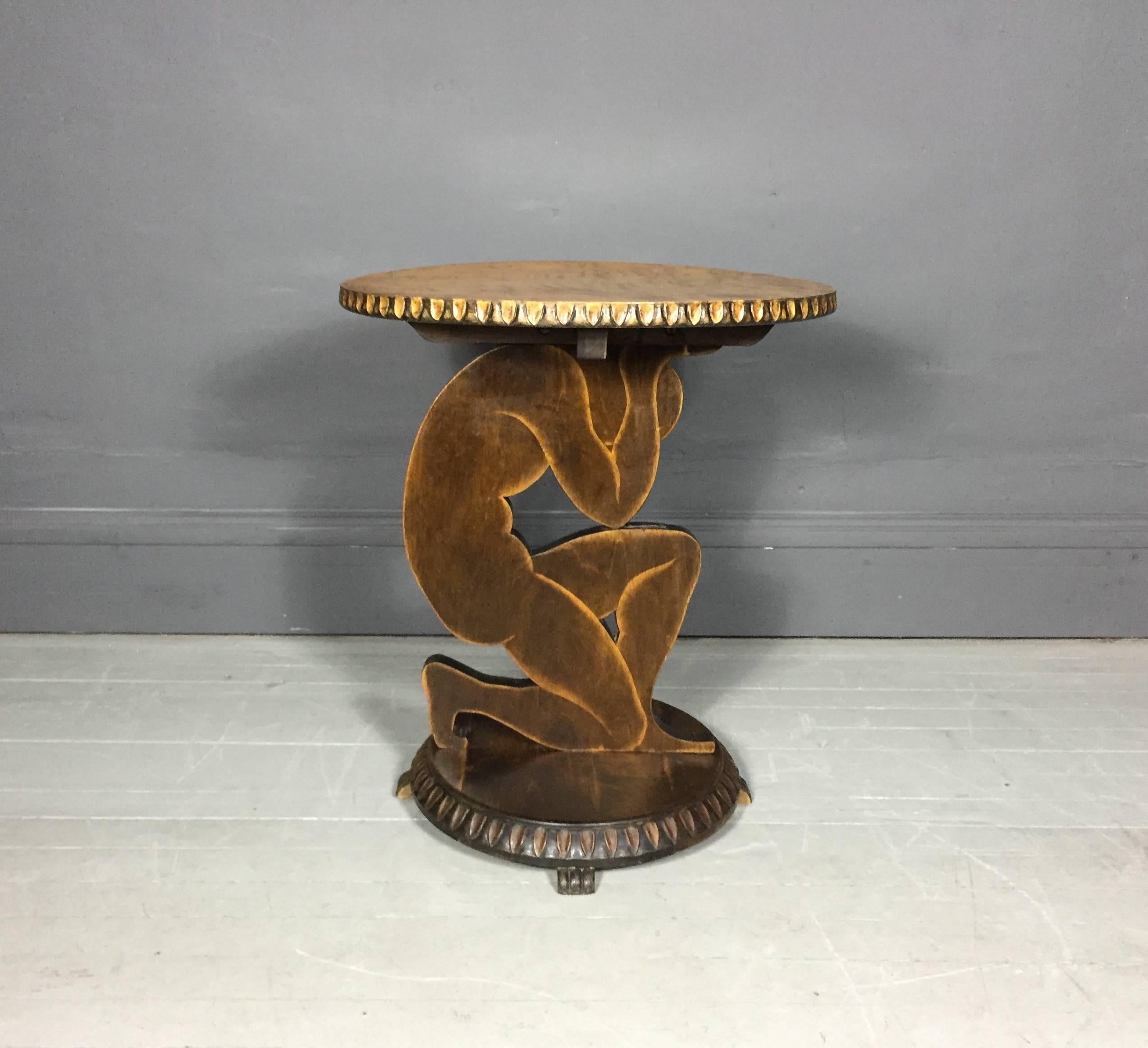 French Art Deco Side Table, Figural Carved Birch, France, 1920s