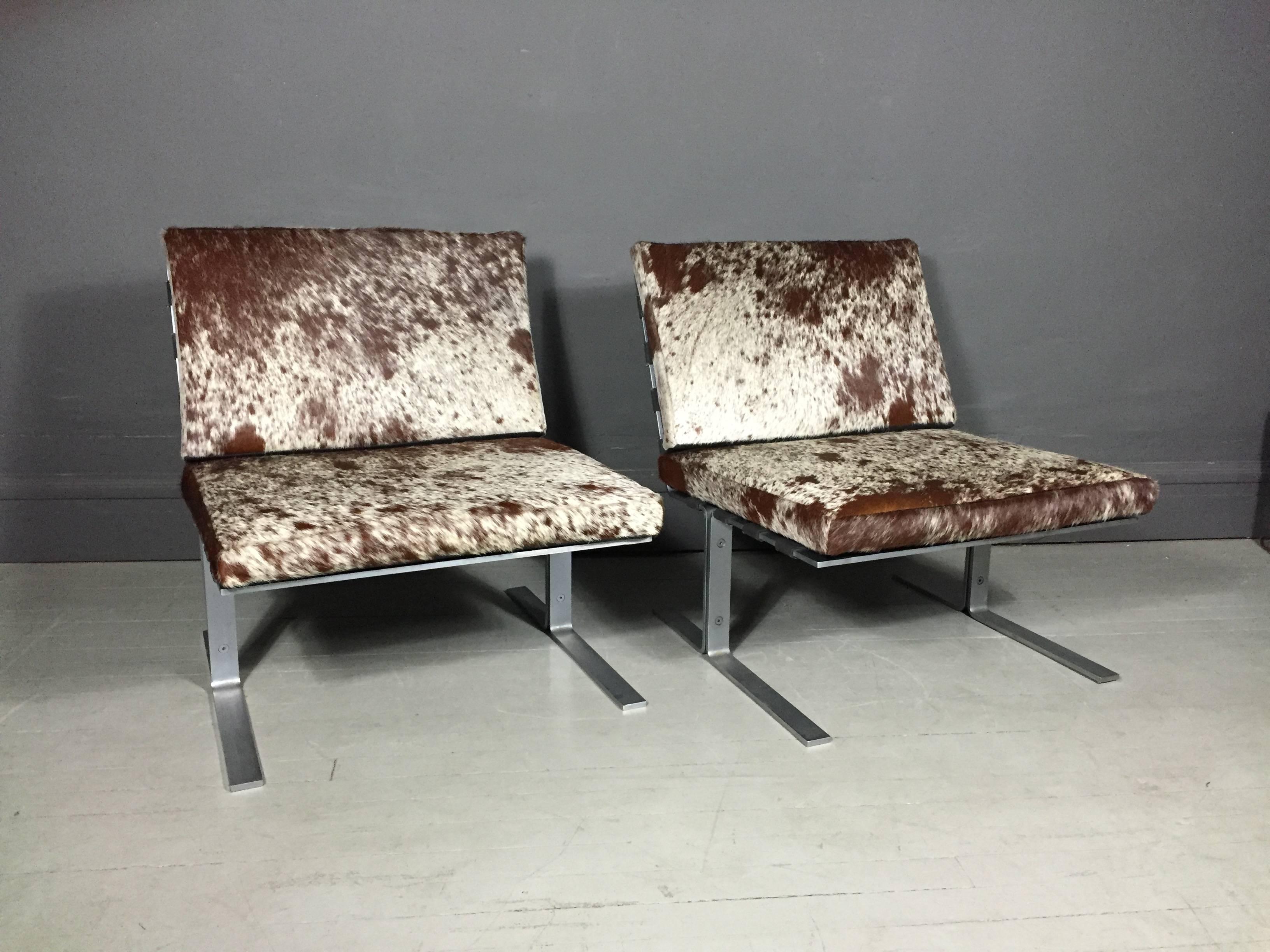 Late 20th Century American Modern Flat-Bar Steel Lounge Chairs, Brazilian Hide, 1970