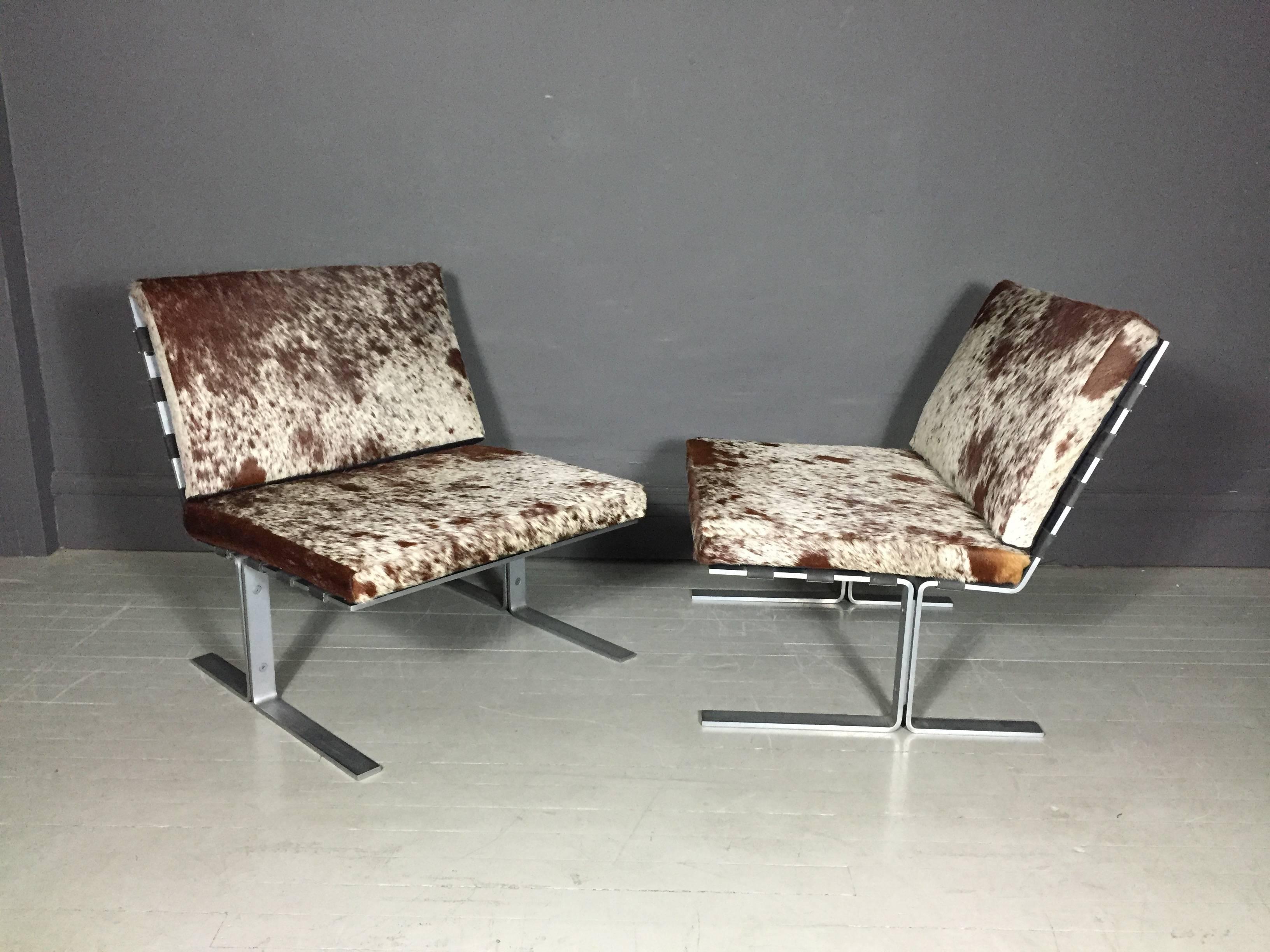 American Modern Flat-Bar Steel Lounge Chairs, Brazilian Hide, 1970 2