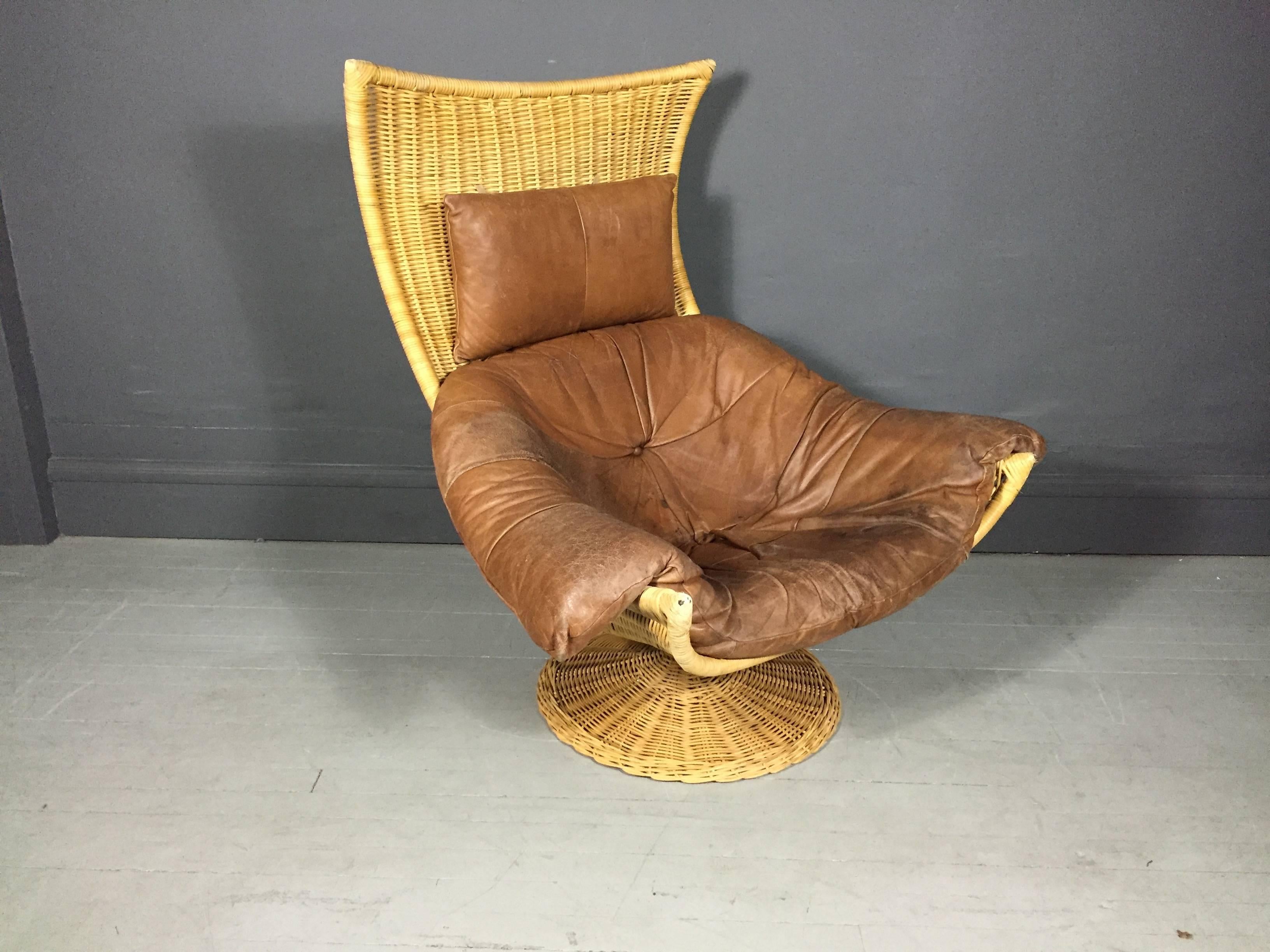 Dutch Rattan and Leather Swivel Lounge Chair, Gerard Van Den Berg, Netherlands, 1970