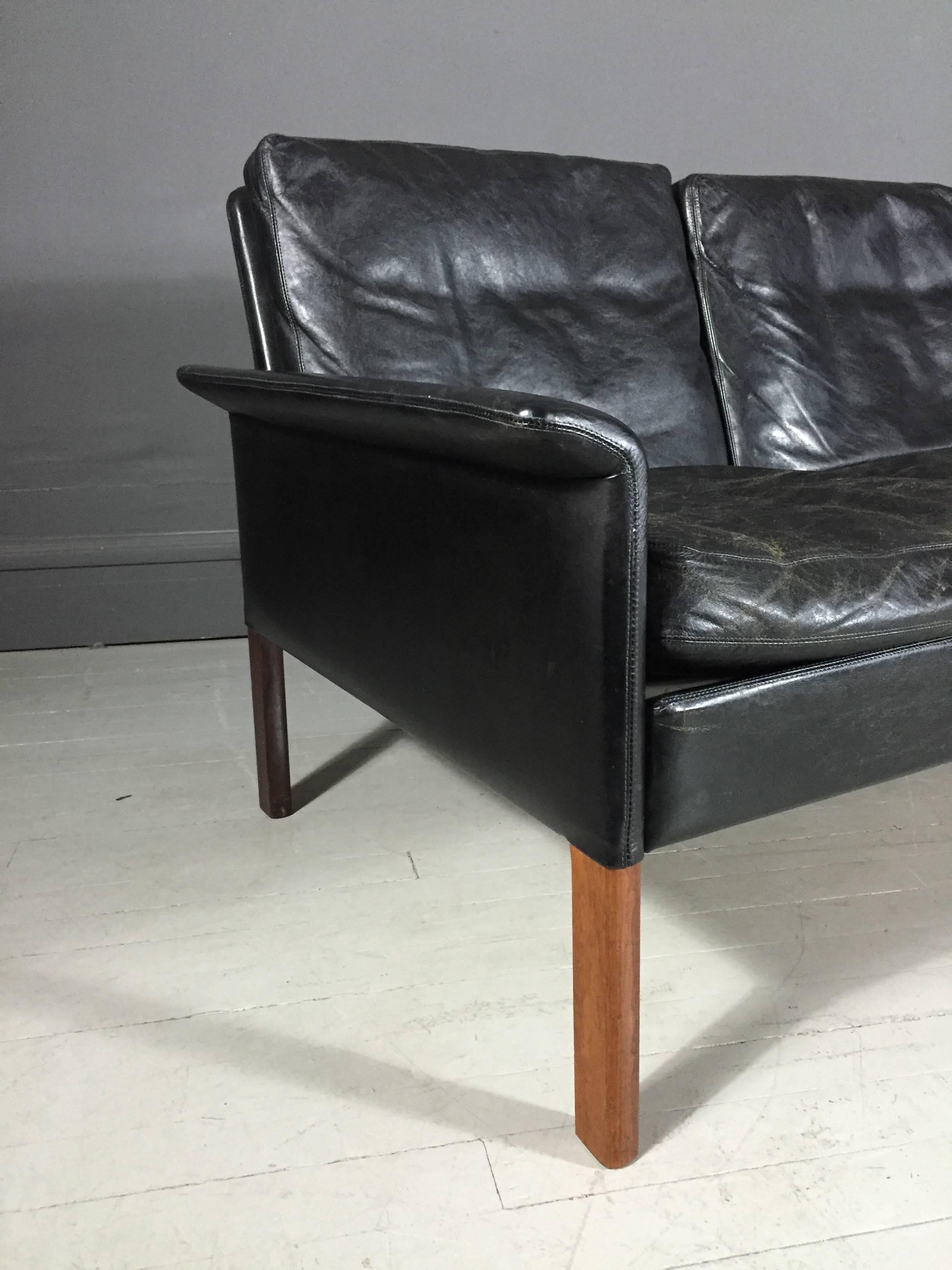 Three-Seat Sofa, Black Leather and Rosewood, Hans Olsen, Denmark, 1962 In Excellent Condition In Hudson, NY