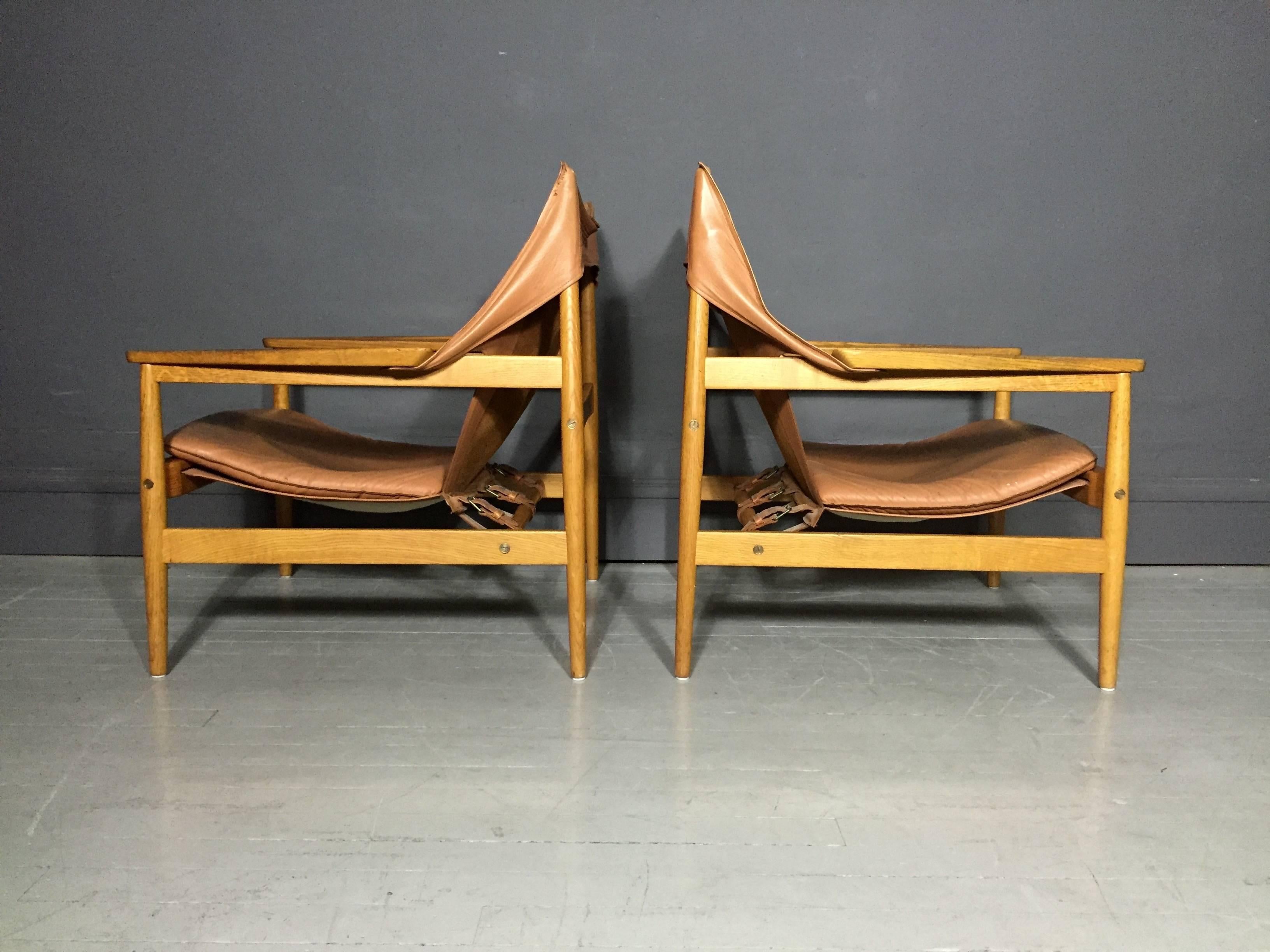 Swedish Pair of Hans Olsen Leather Sling Chairs for Viska Mobler, Denmark, 1960s