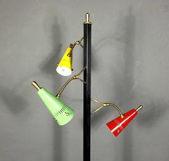Three-Shade Enameled Metal, Brass and Marble Floor Lamp, Italy, circa 1970
