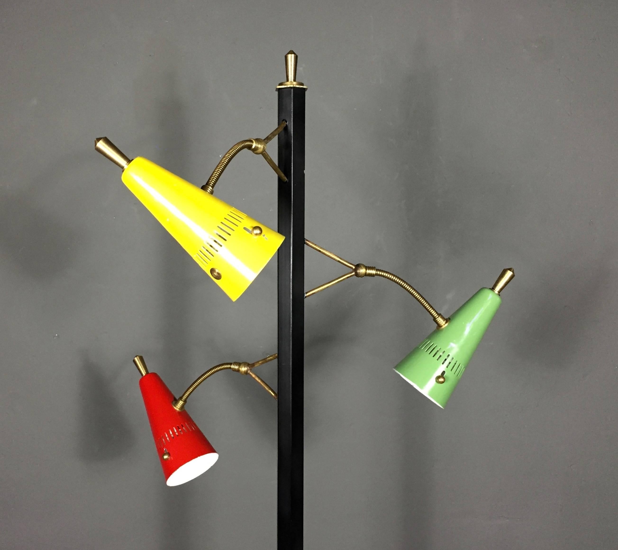 Italian Three-Shade Enameled Metal, Brass and Marble Floor Lamp, Italy, circa 1970 For Sale