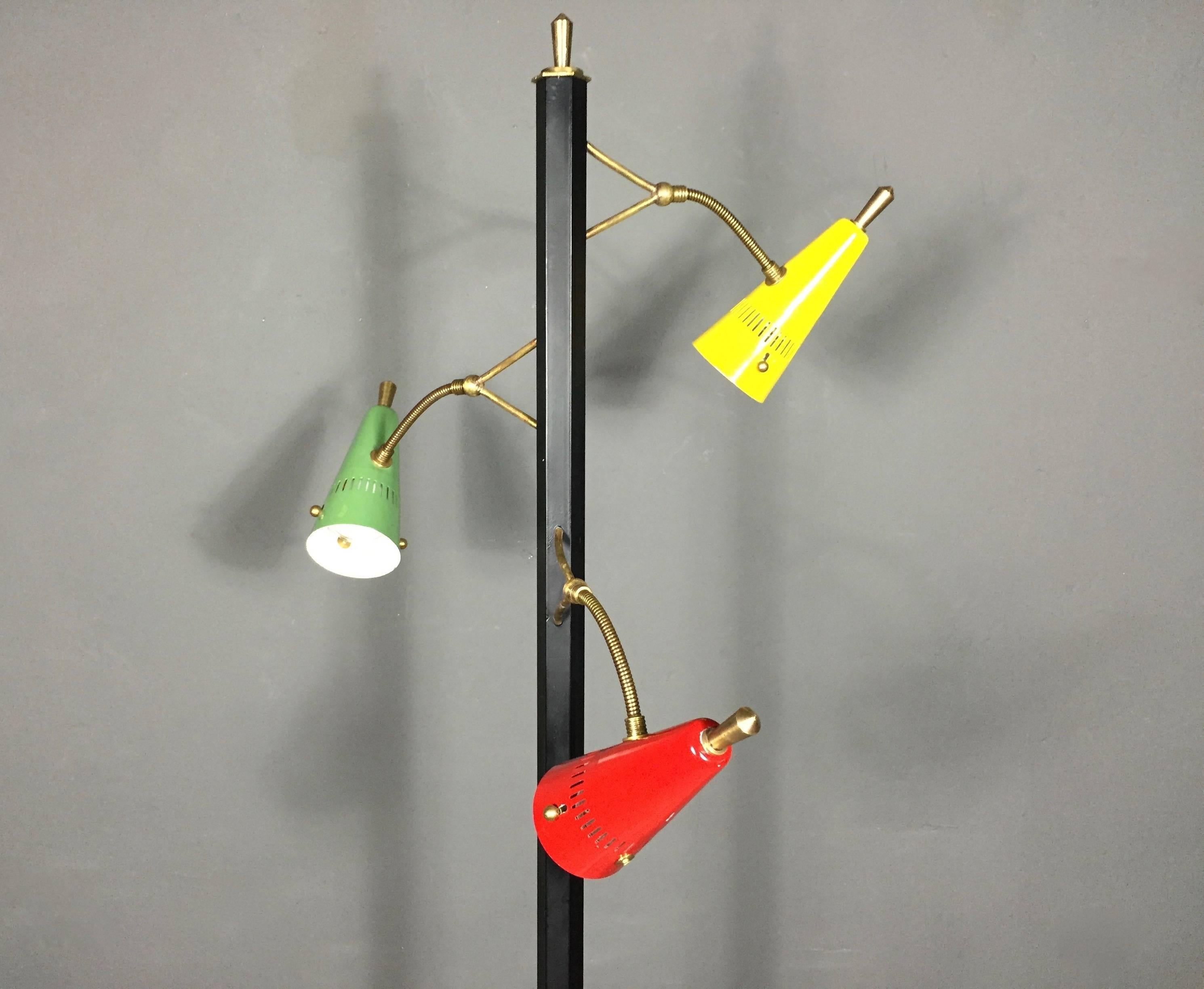 Mid-20th Century Three-Shade Enameled Metal, Brass and Marble Floor Lamp, Italy, circa 1970 For Sale