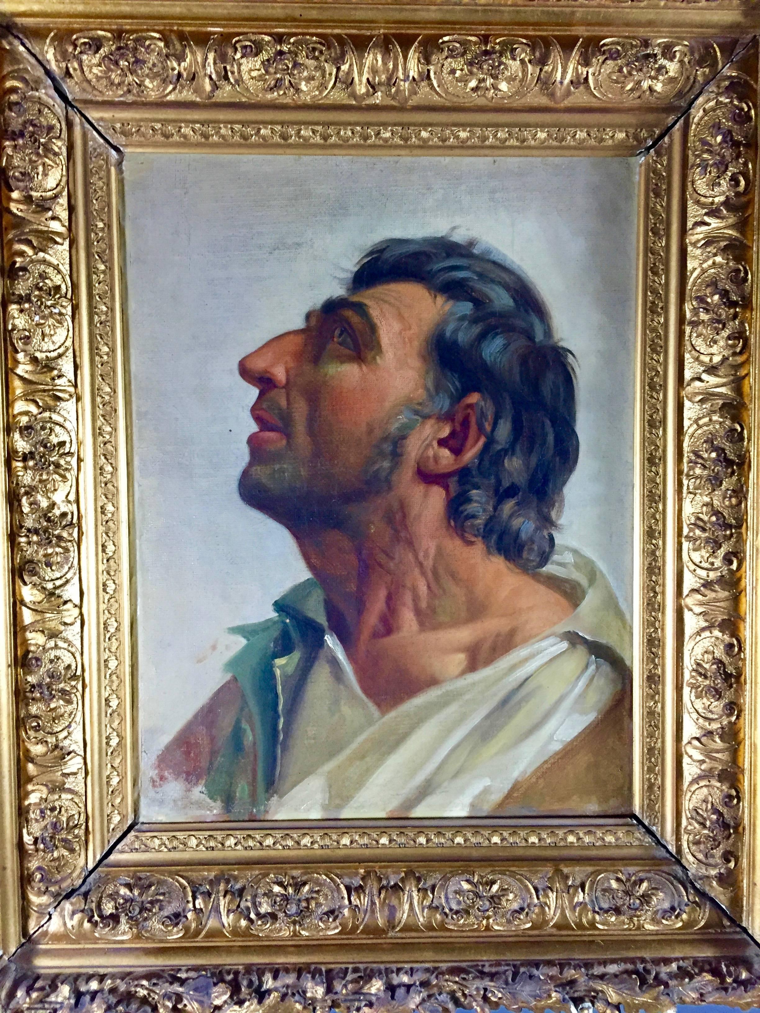 A magnificent portrait of a male in profile with vintage gilt frame, oil on canvas, unsigned, 19th century. Purchased in Denmark.