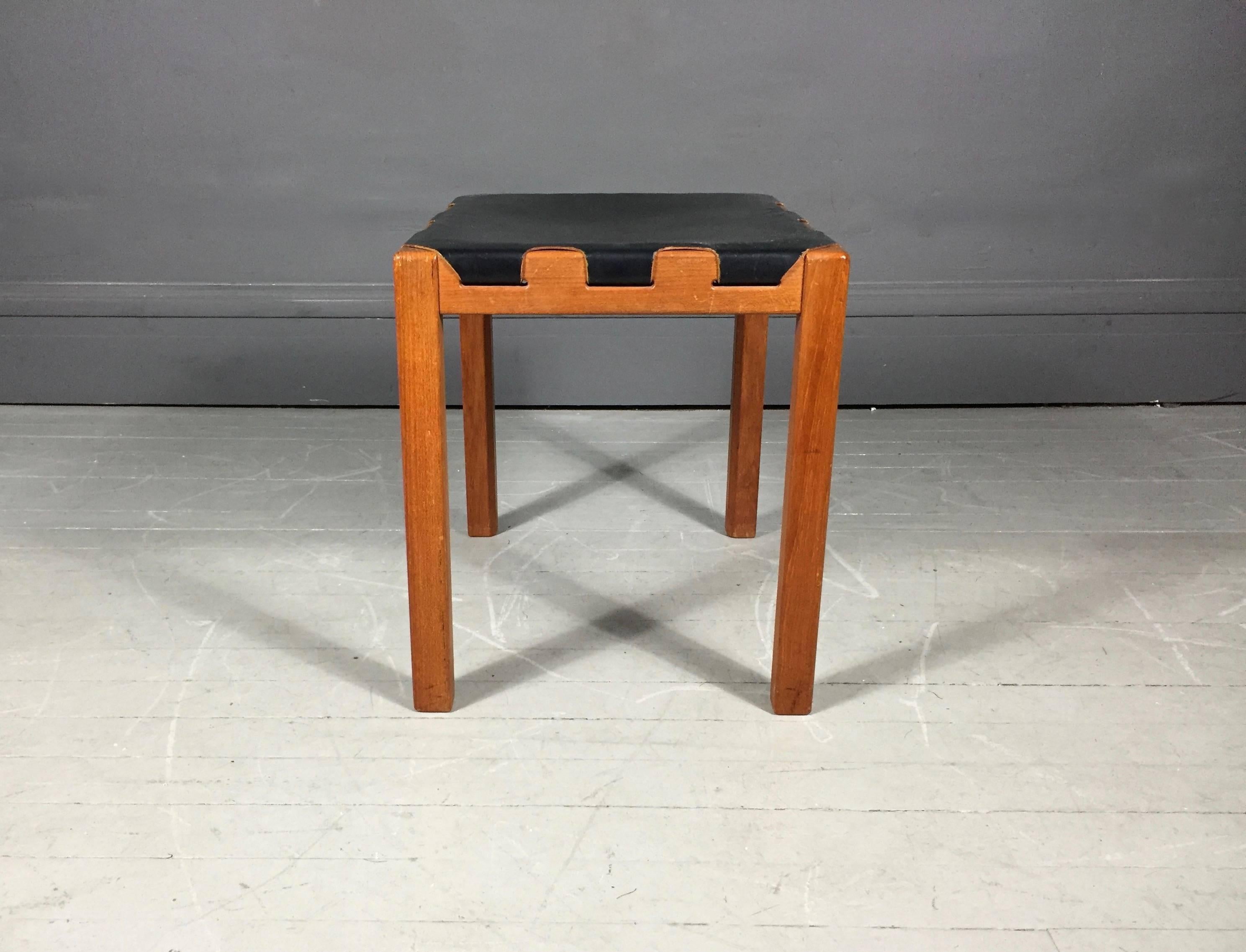 Mid-20th Century Teak and Black Leather Stool, by Glasmäster, Sweden, 1960s