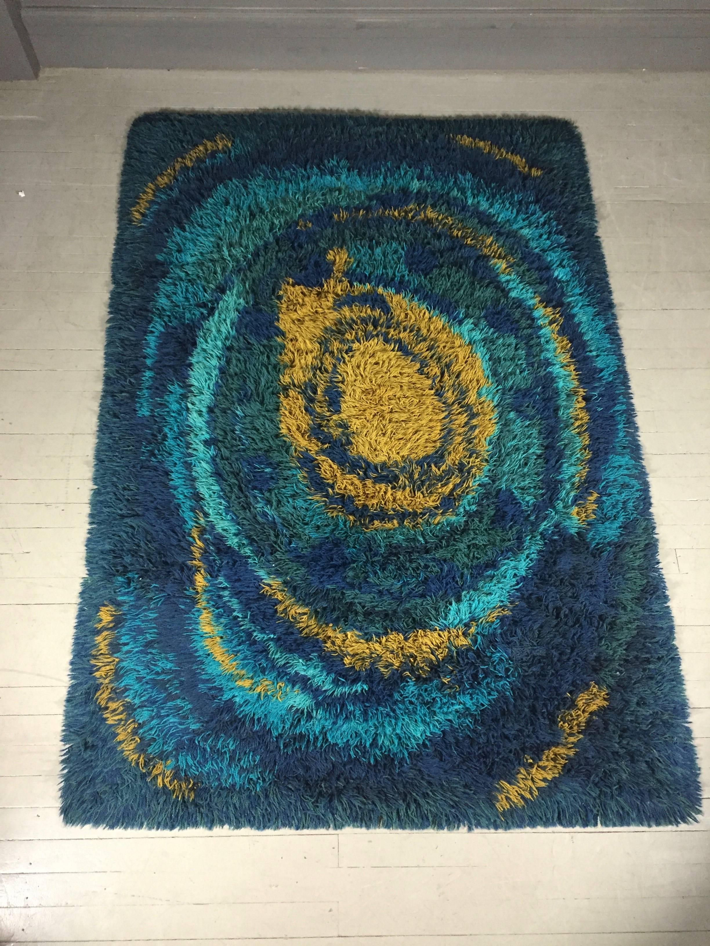 1970s Swedish Rya Low Pile Wool Shag Area Rug In Excellent Condition In Hudson, NY