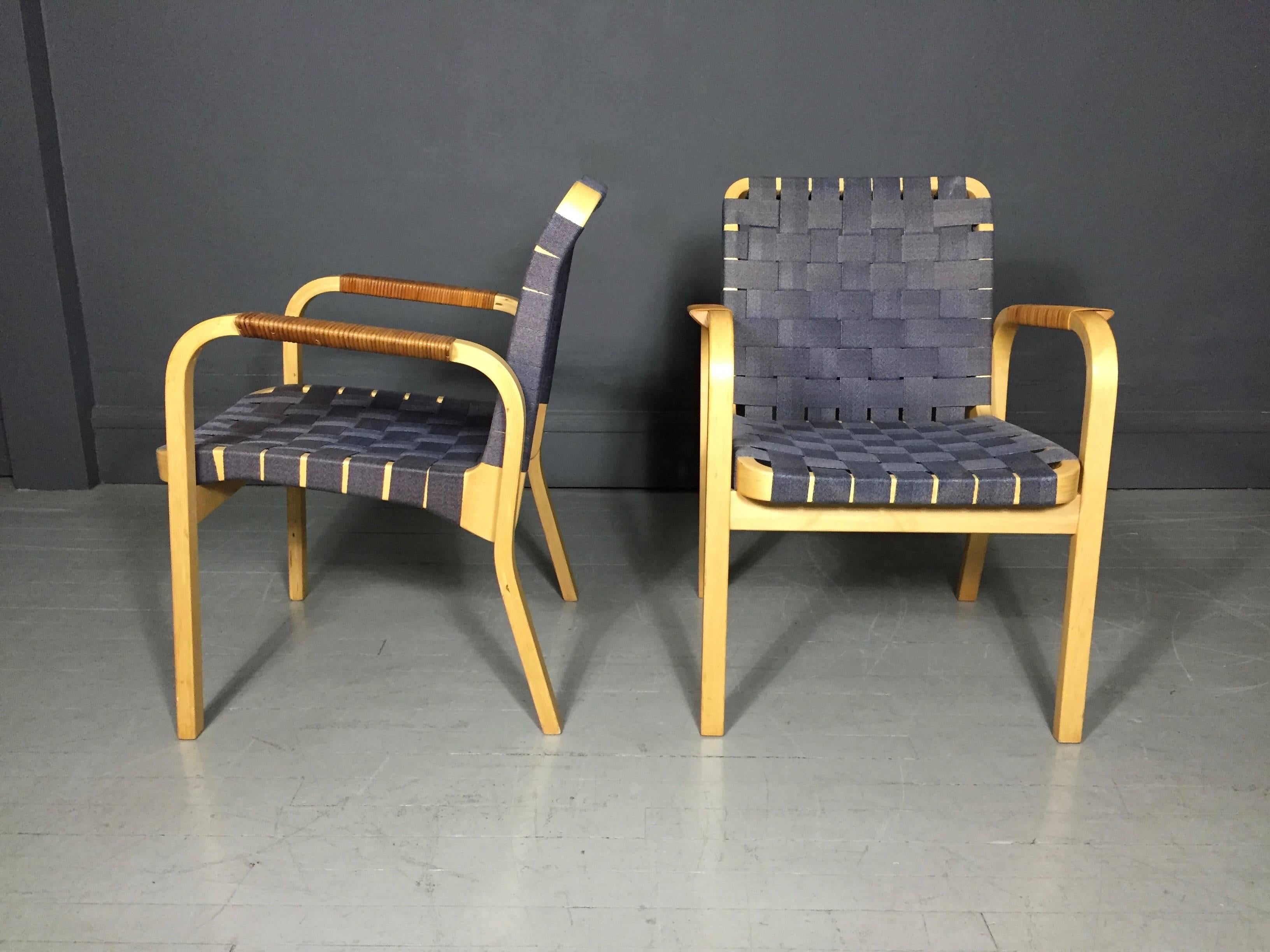 Scandinavian Modern Alvar Aalto Birch and Linen Chairs, Rattan Wrapped Arms, Designed 1947