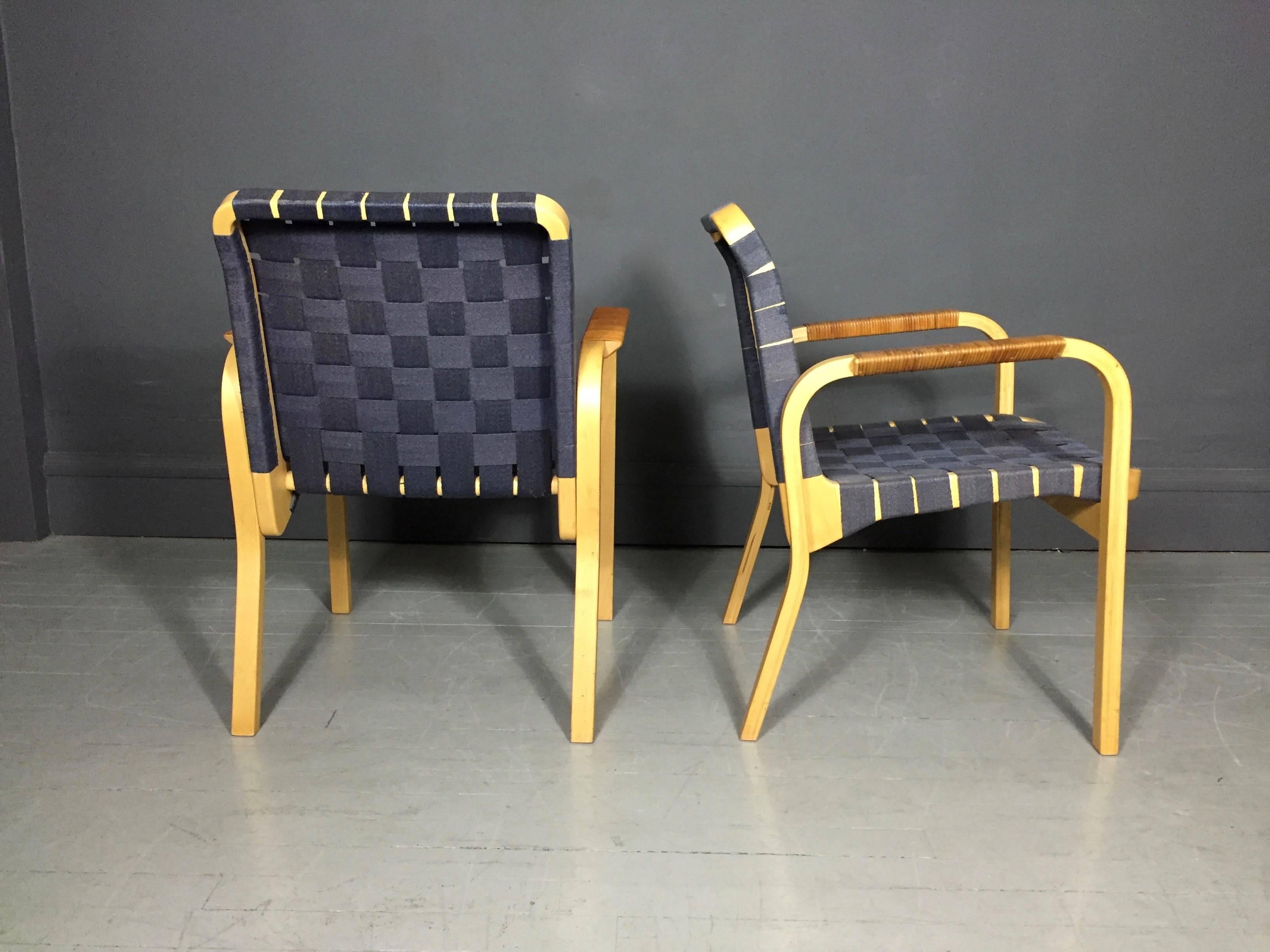 Finnish Alvar Aalto Birch and Linen Chairs, Rattan Wrapped Arms, Designed 1947