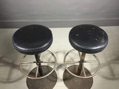Pair of Vintage Leather and Iron Trumpet Base Barstools, 1940s