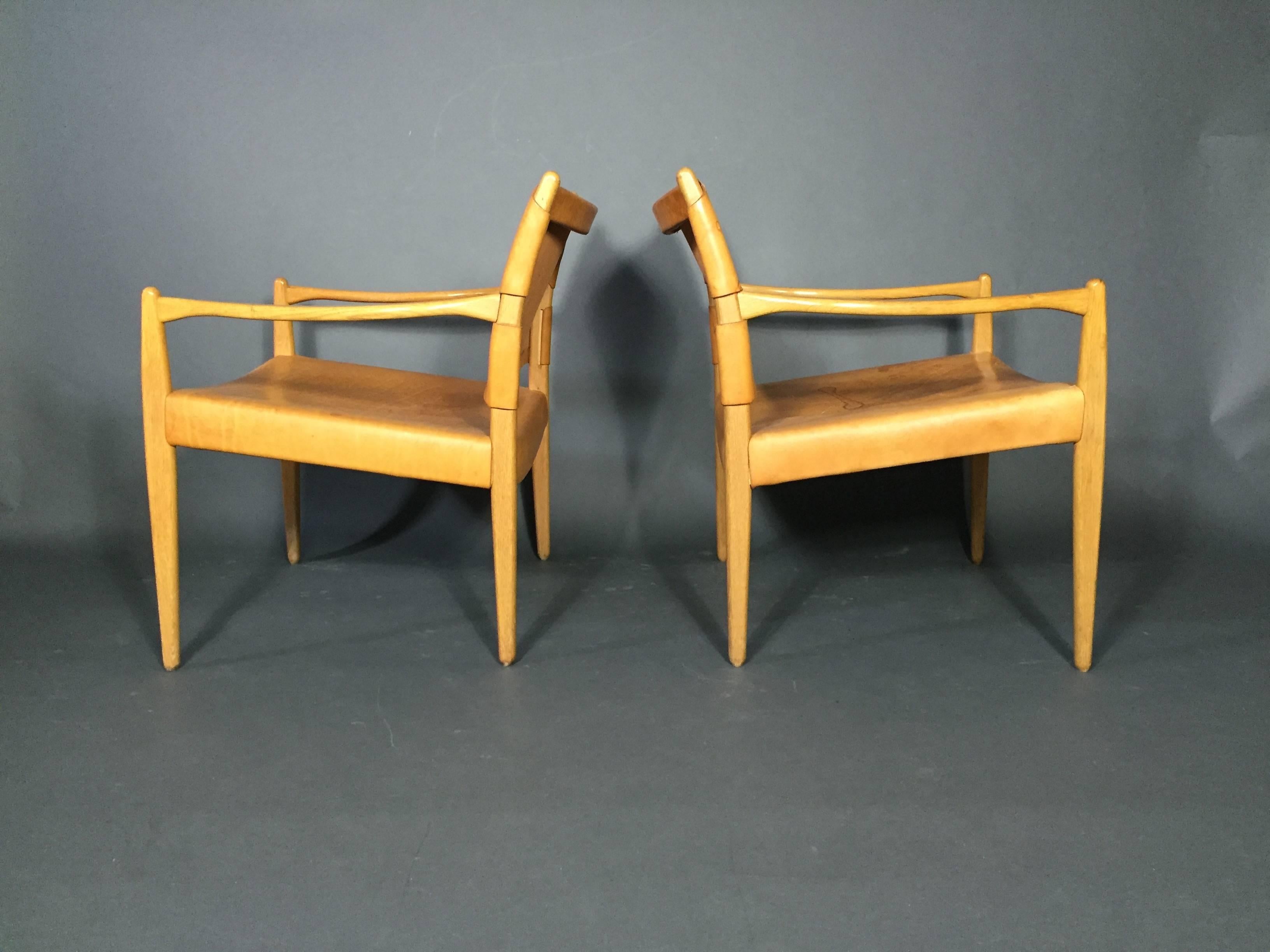 Scandinavian Modern Per-Olof Scotte Saddle Leather Premiär Armchairs, Sweden, 1950s