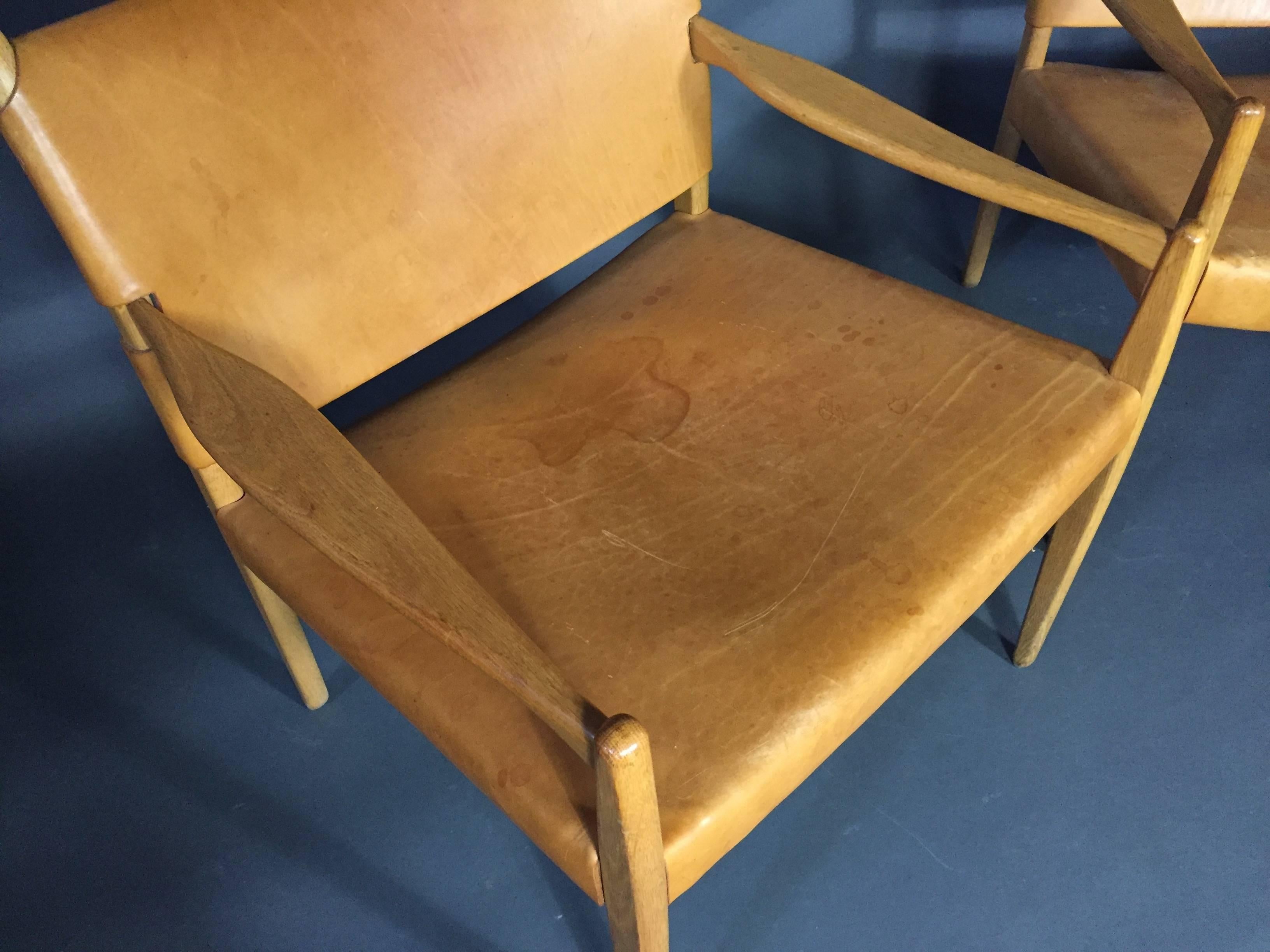 Mid-20th Century Per-Olof Scotte Saddle Leather Premiär Armchairs, Sweden, 1950s