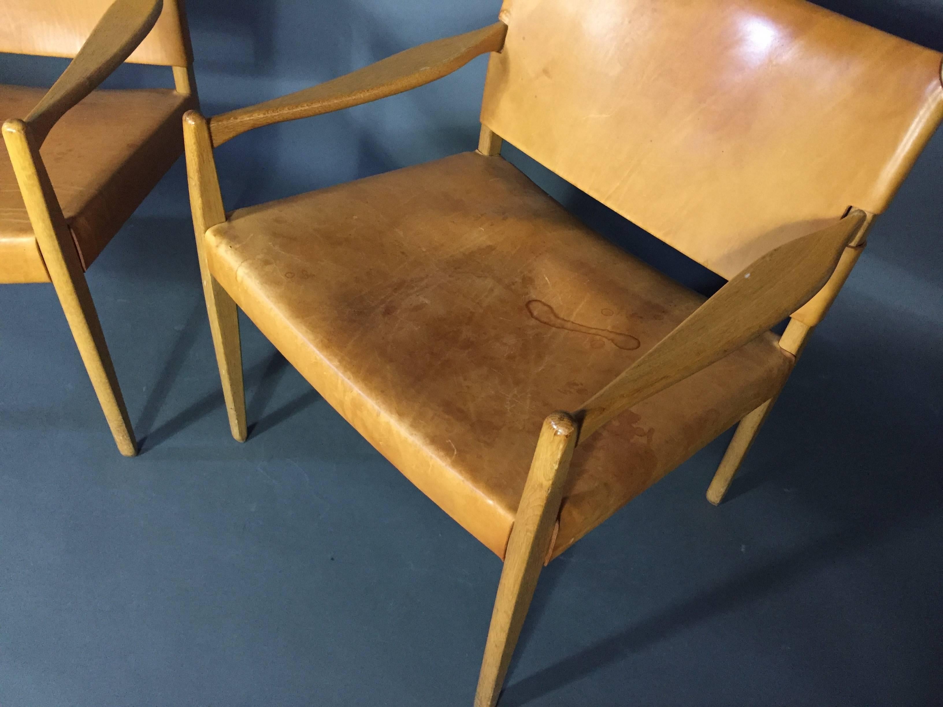 Per-Olof Scotte Saddle Leather Premiär Armchairs, Sweden, 1950s 1