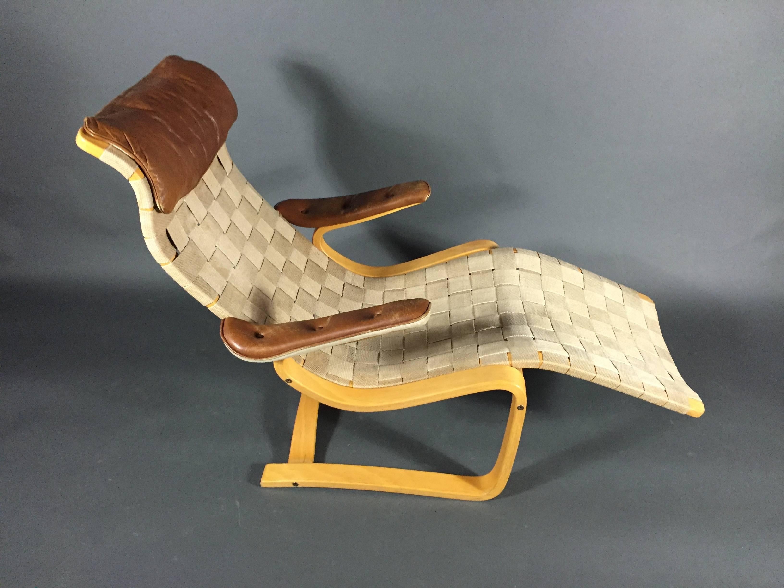 Scandinavian Modern Gustaf Axel Berg Lounge Chair, Cotton Webbing, Leather, Sweden, 1949