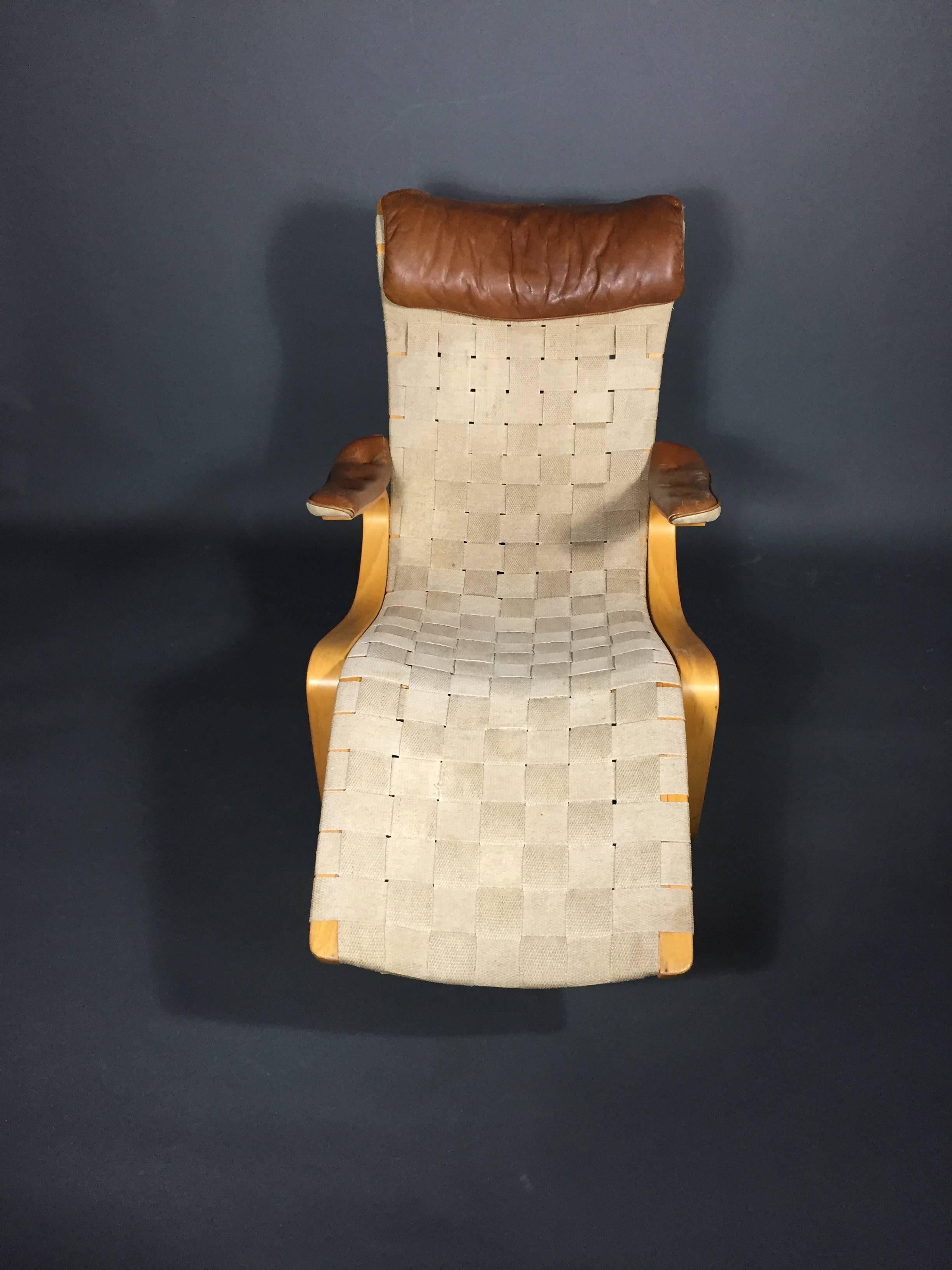 Gustaf Axel Berg Lounge Chair, Cotton Webbing, Leather, Sweden, 1949 1